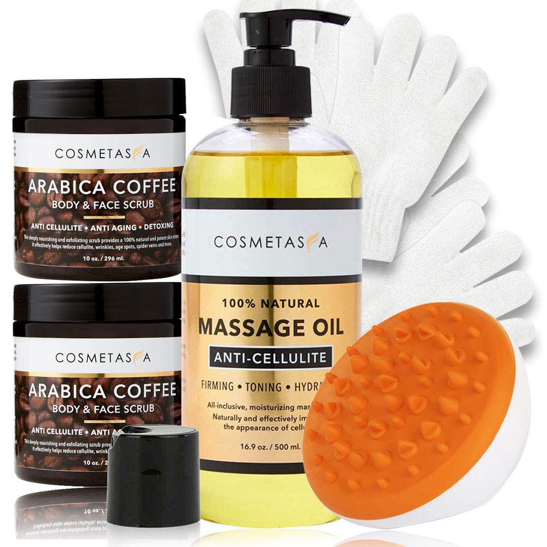 Anti-Cellulite Massage Oil Set - 16.9oz Large Massage Oil, 2 Arabica Coffee Body Scrubs, Exfoliating Gloves & Massager for Skin Toning & Moisturizing | Perfect for Spa Nights, Home Relaxation & Self-Care Routines