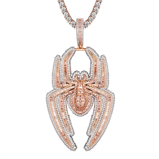 14K Rose Gold Spider Baguette 3D Iced Pendant Necklace - Elegant Jewelry Gift for Women, Perfect for Parties, Anniversaries & Special Occasions