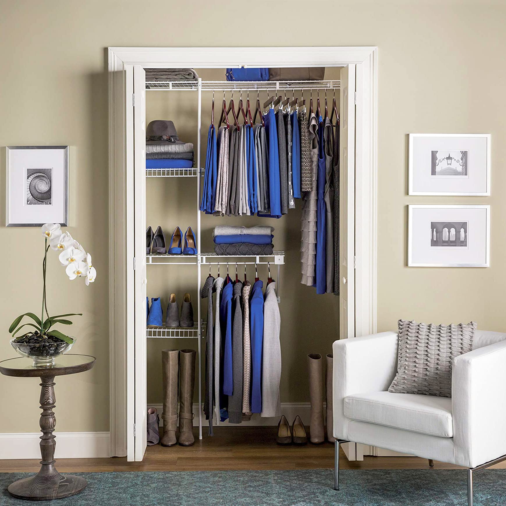 Rubbermaid Adjustable Wall Mount Closet Organizer Shelf System - 3 to 5 Feet, White Wire Shelving with Mounting Hardware - Perfect for Home Organization, Laundry Room, Mudroom & Pantry Storage Solutions