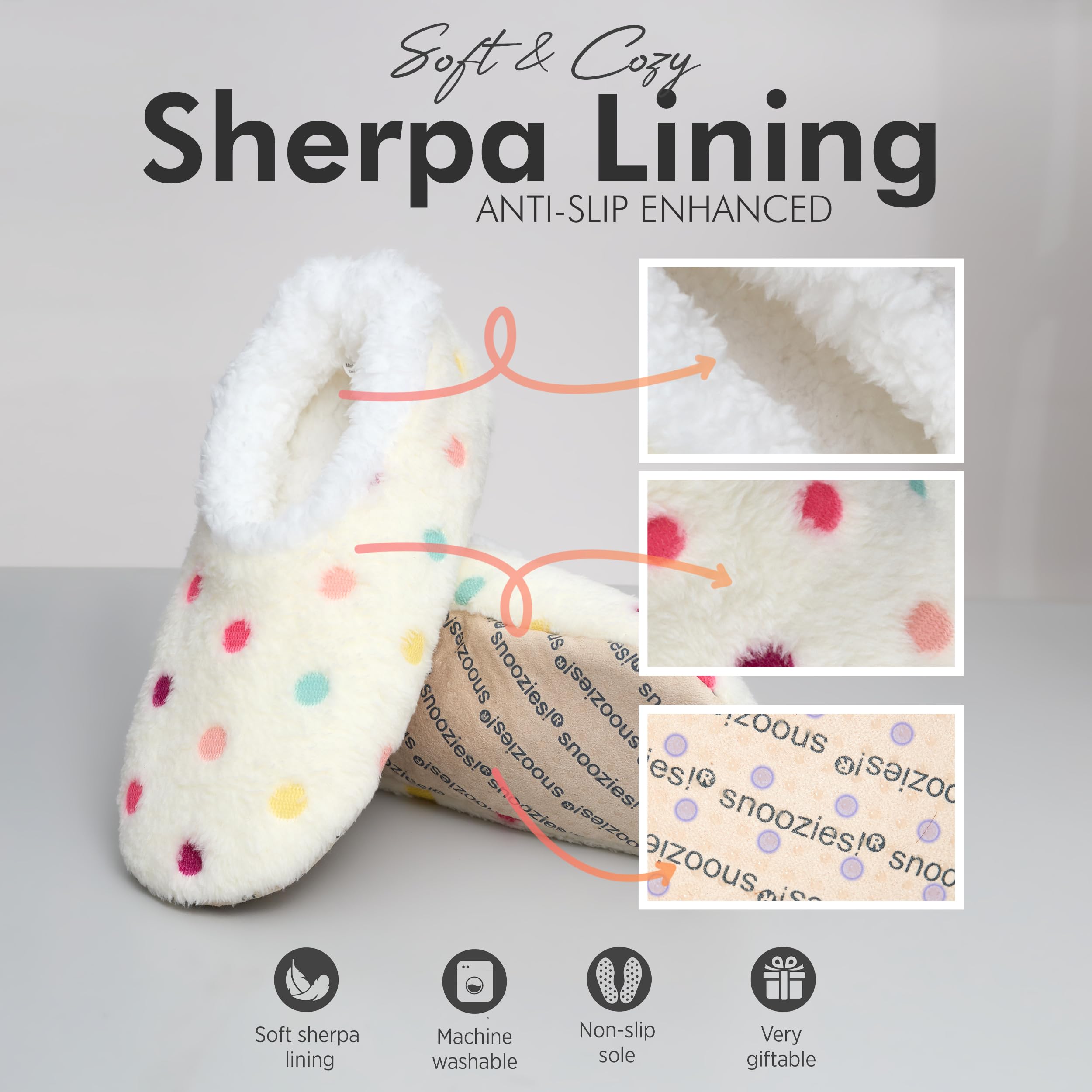 **Snoozies Women's Cozy Sherpa Slipper Socks - Soft Fuzzy House Slippers with Colorful Dots | Warm Indoor/Outdoor Winter Slippers for Relaxing at Home, Lounging & Gift Giving**