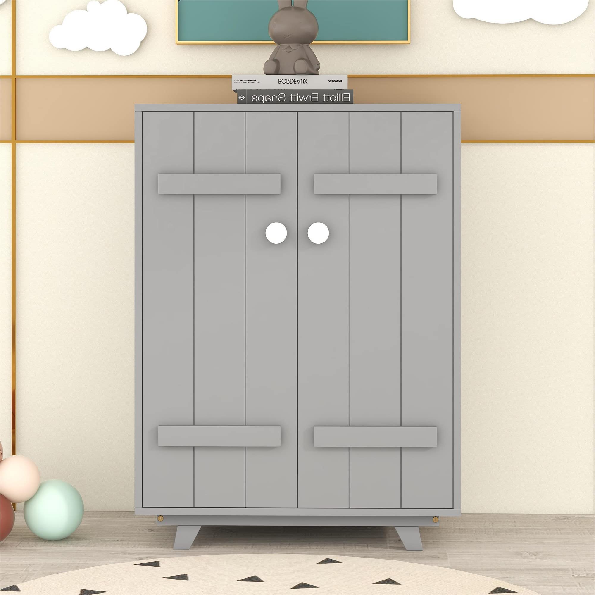 Voohek Kids Wardrobe Cabinet with Hanging Rod - 2 Door Wooden Dress Up Storage Closet & Armoire Dresser for Costumes, Gray - Perfect for Bedroom Organization & Pretend Play Wardrobe