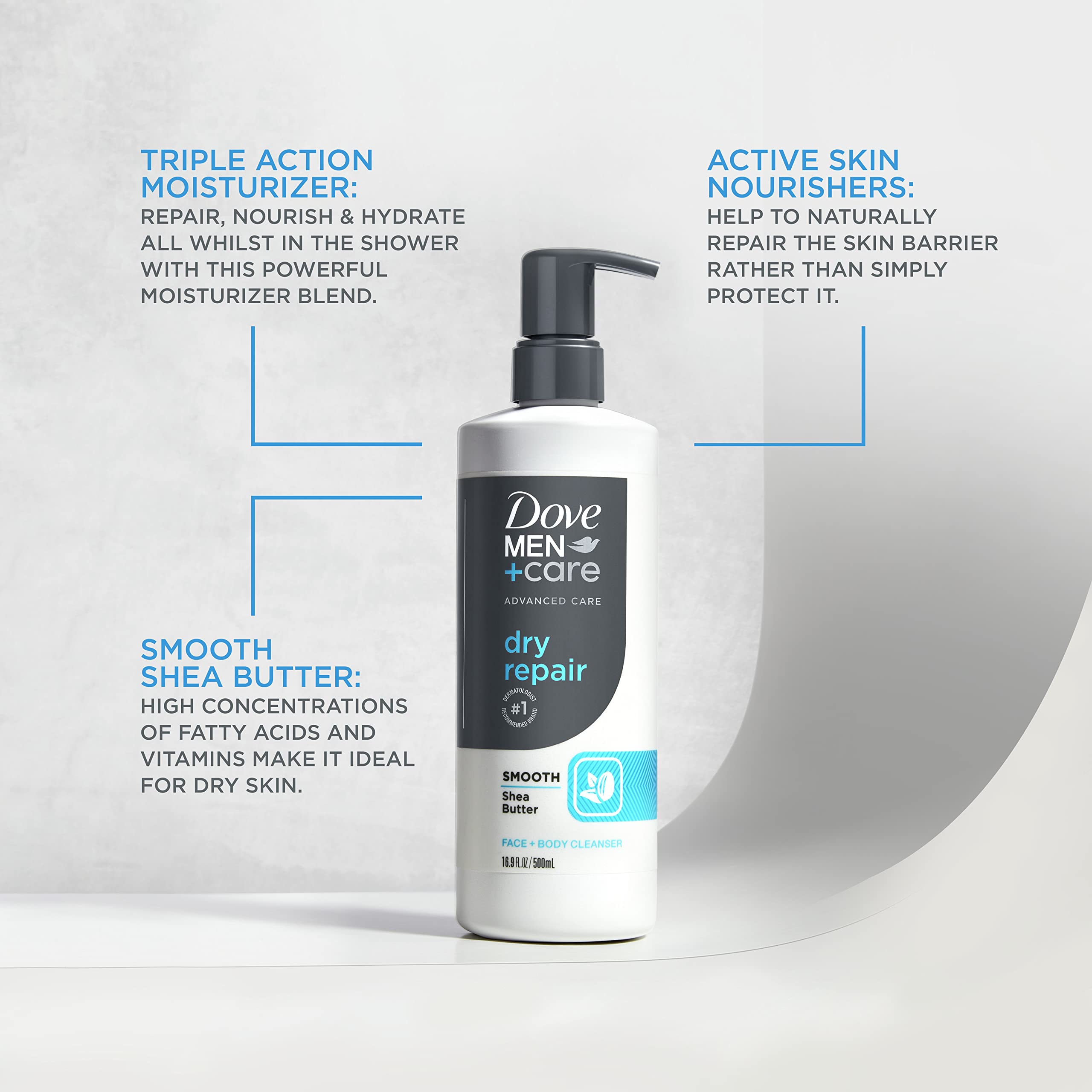DOVE MEN Face & Body Cleanser - Dry Skin Repair with Shea Butter, 16.9 oz (3-Pack) - For Shower & Gym Use
