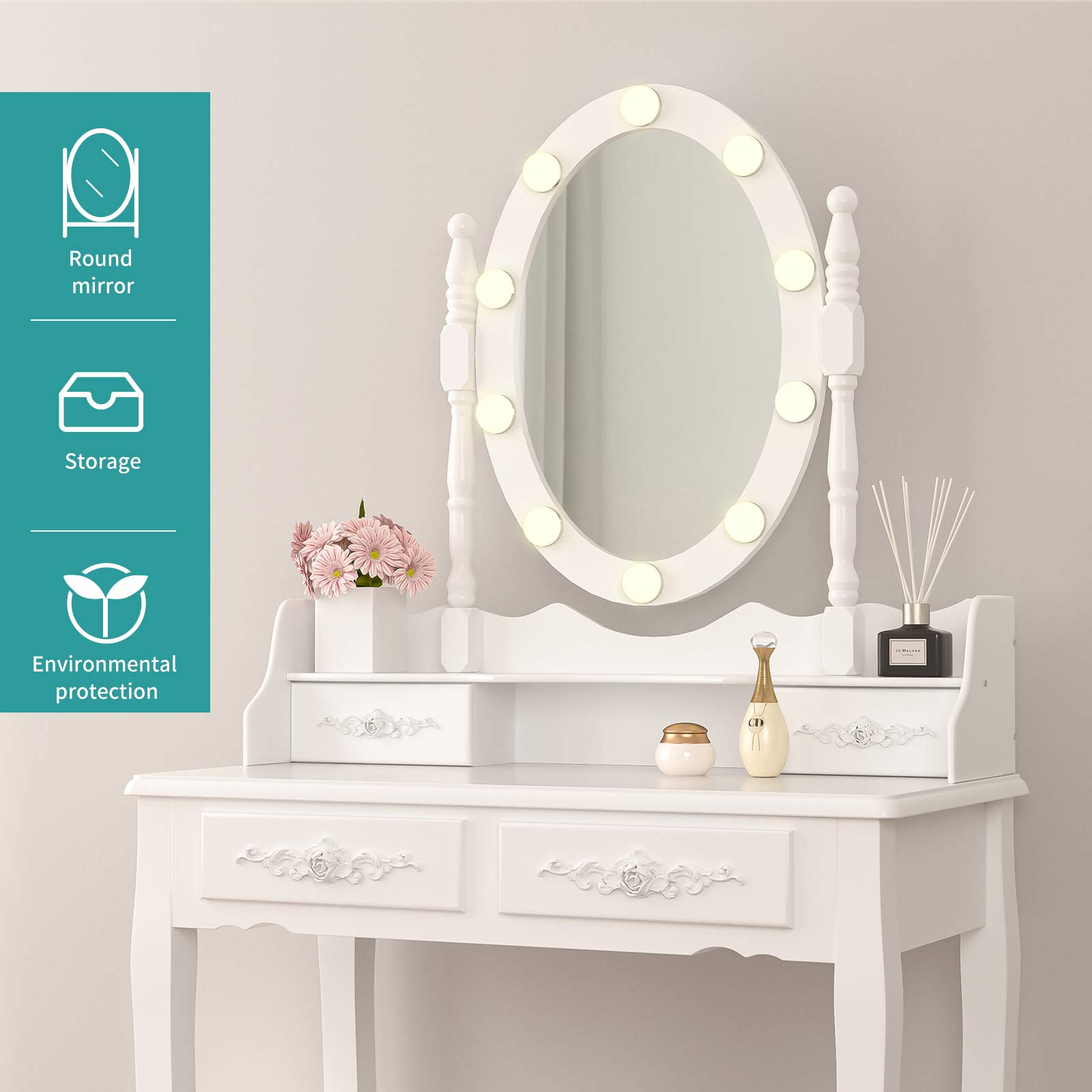 White Makeup Vanity Table with 10 LED Lights & Oval Mirror - Wooden Dressing Table with 4 Drawers & Stool - Perfect for Girls & Women's Bedroom Furniture (White) - Ideal for Makeup Application, Skincare Routine & Home Decor