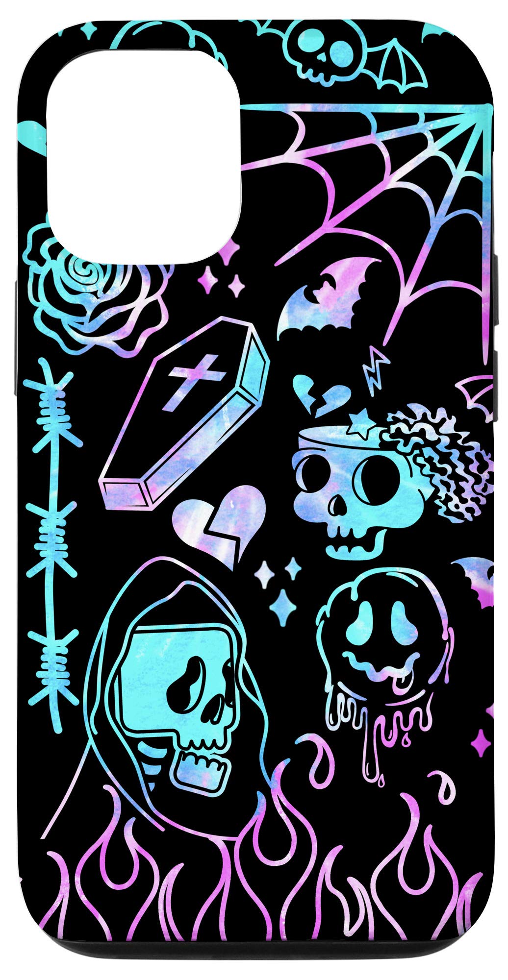 iPhone 12/12 Pro Case - Happy Face Smile Doodle Graffiti Design with Flames in Pastel Goth Style | Trendy Protective Cover for Everyday Use, School & Work