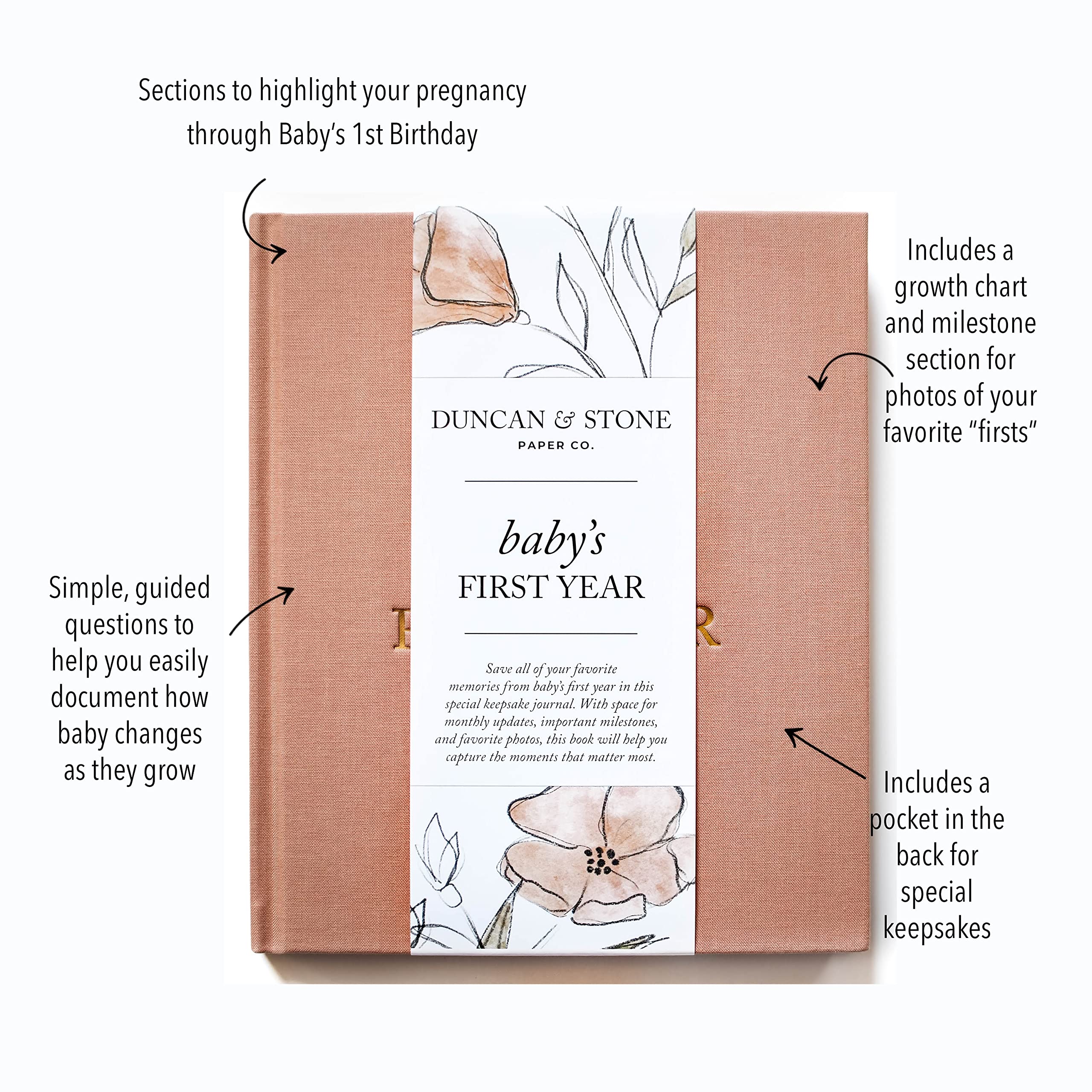 Baby Memory Book - First Year Keepsake Journal to Record Milestones, Photos & Memories | Pregnancy & Newborn Gift | Dusty Rose 112 Pages | Perfect for Baby Showers, Christenings & First Birthday Gifts