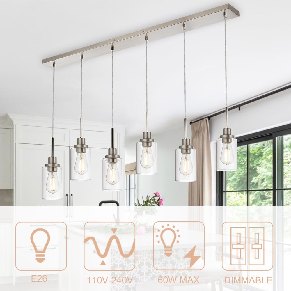 6-Light Brushed Nickel Pendant Lighting for Kitchen Island - Adjustable Hanging Wire & Clear Glass Shades - Perfect for Dining Room, Bar Counter, and Modern Kitchen Decor