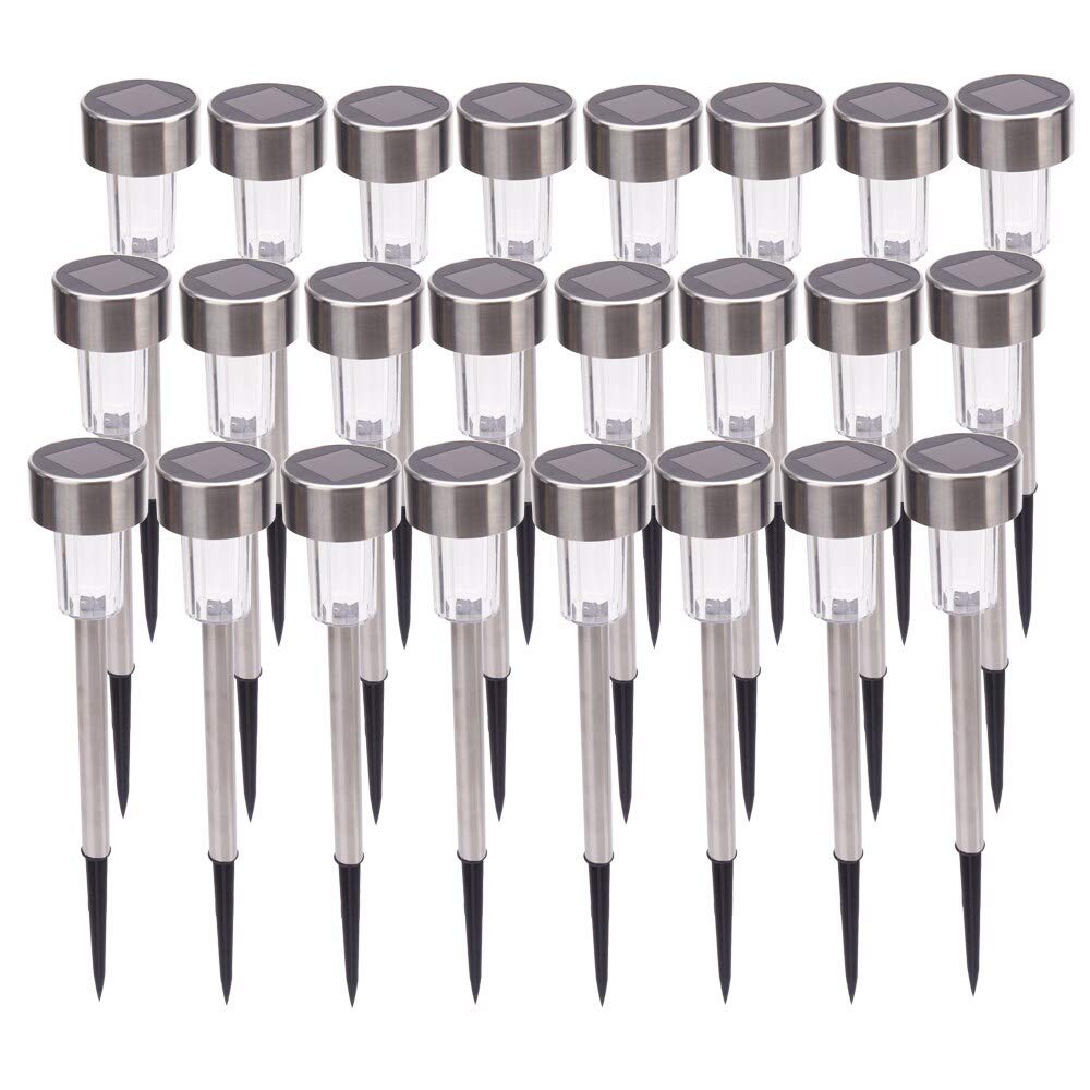 24pcs 5W High Brightness Solar Powered LED Lawn Lights with Lampshades - White & Silver - Outdoor Garden Pathway Lighting for Patio, Yard, and Walkway