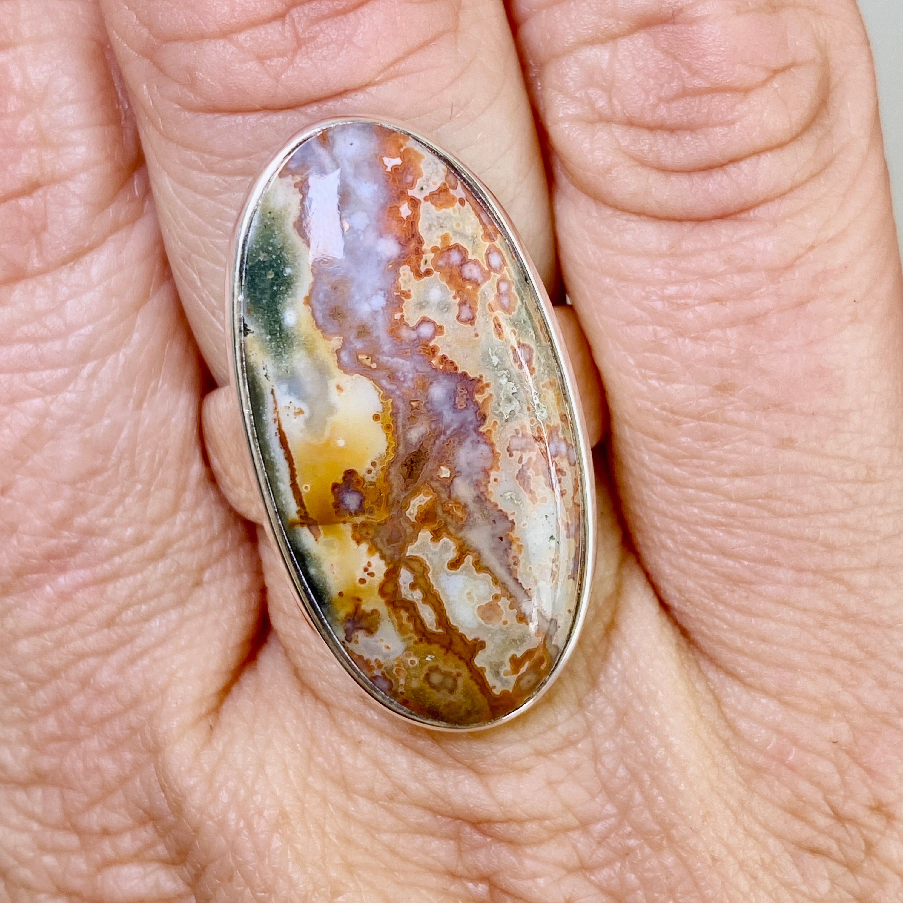 Ocean Jasper Oval Cabochon Ring - Size 9 - Natural Stone Jewelry - Handmade Silver Ring - Unique Gemstone Ring for Women - Perfect for Boho Style, Meditation & Spiritual Healing
