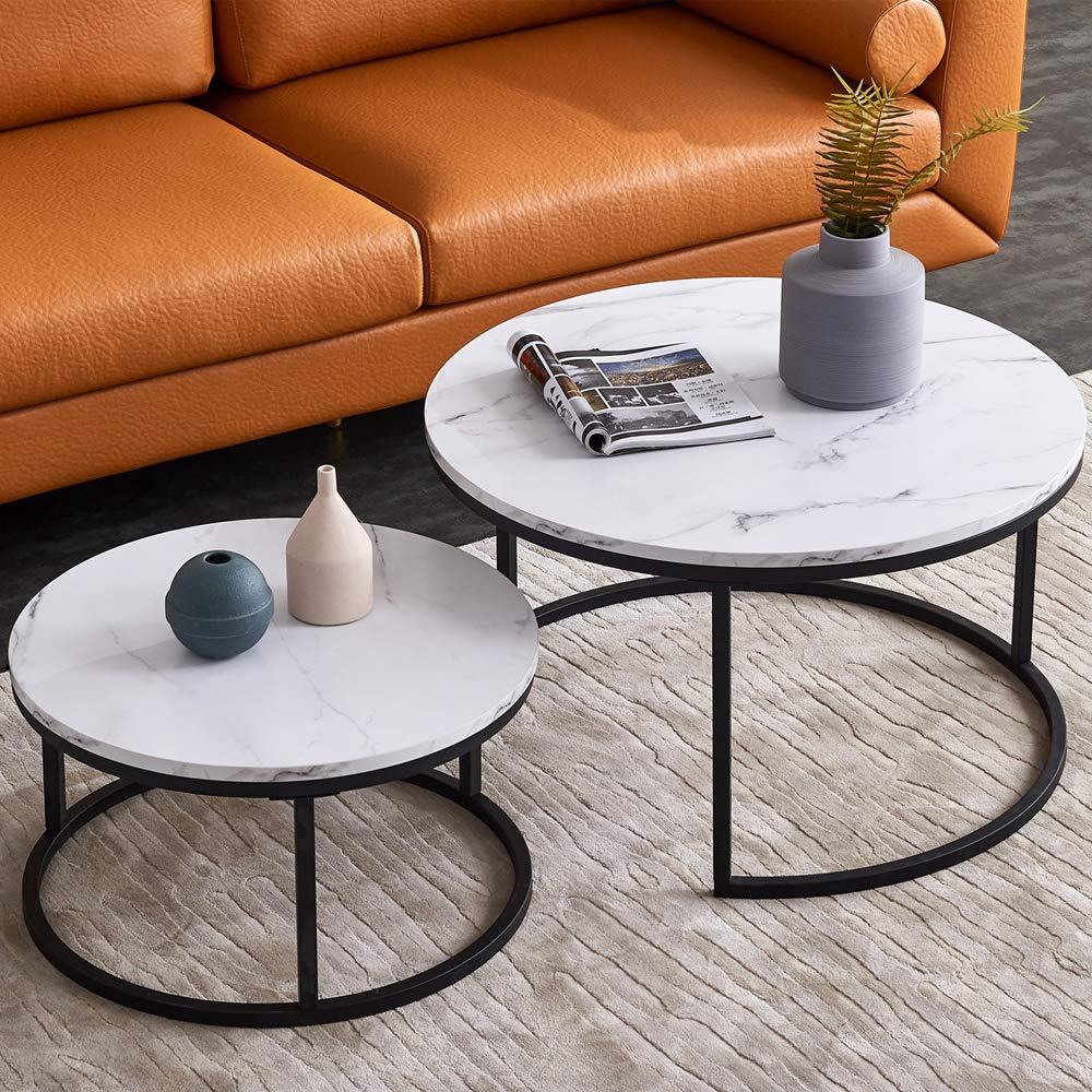 Modern Nesting Coffee Tables Set of 2 - Round Accent Tables with Faux Marble Wooden Top & Gold Metal Frame - Space Saving Living Room Furniture for Small Spaces - Easy Assembly - Perfect for Apartments, Dorms & Cozy Home Decor