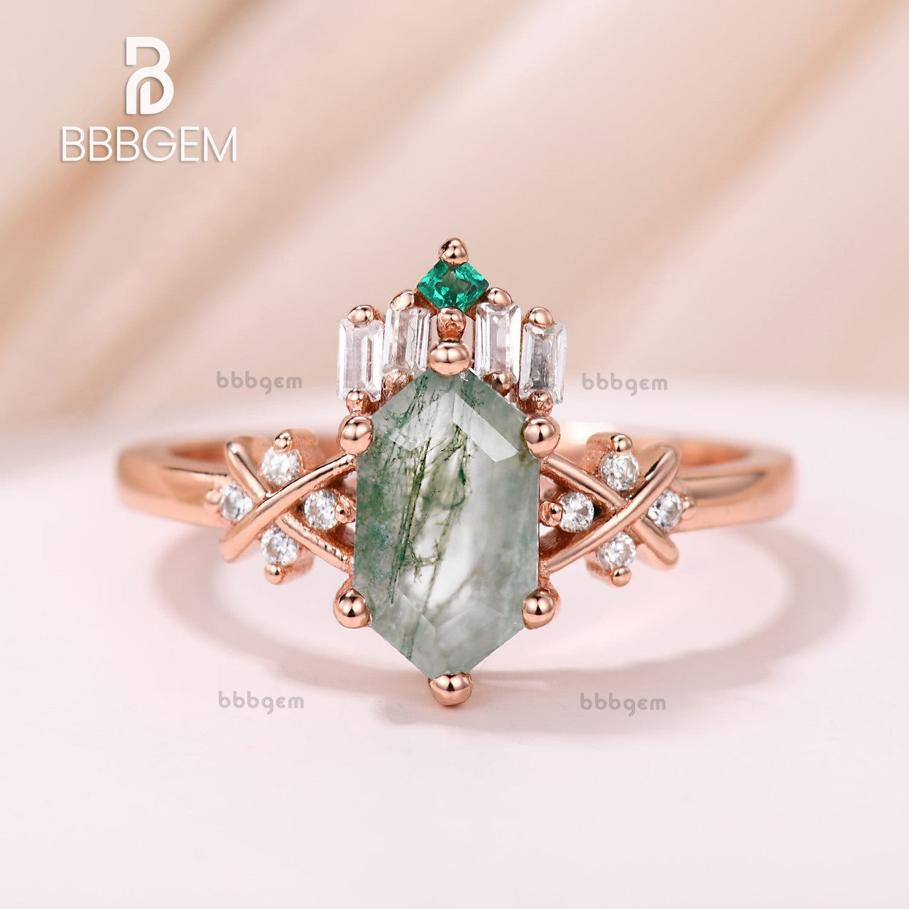 Unique Vintage 14K Rose Gold Hexagon Cut Moss Agate Engagement Ring with Diamond & Emerald Accents - Perfect for Romantic Proposals, Anniversary Gifts & Special Occasions