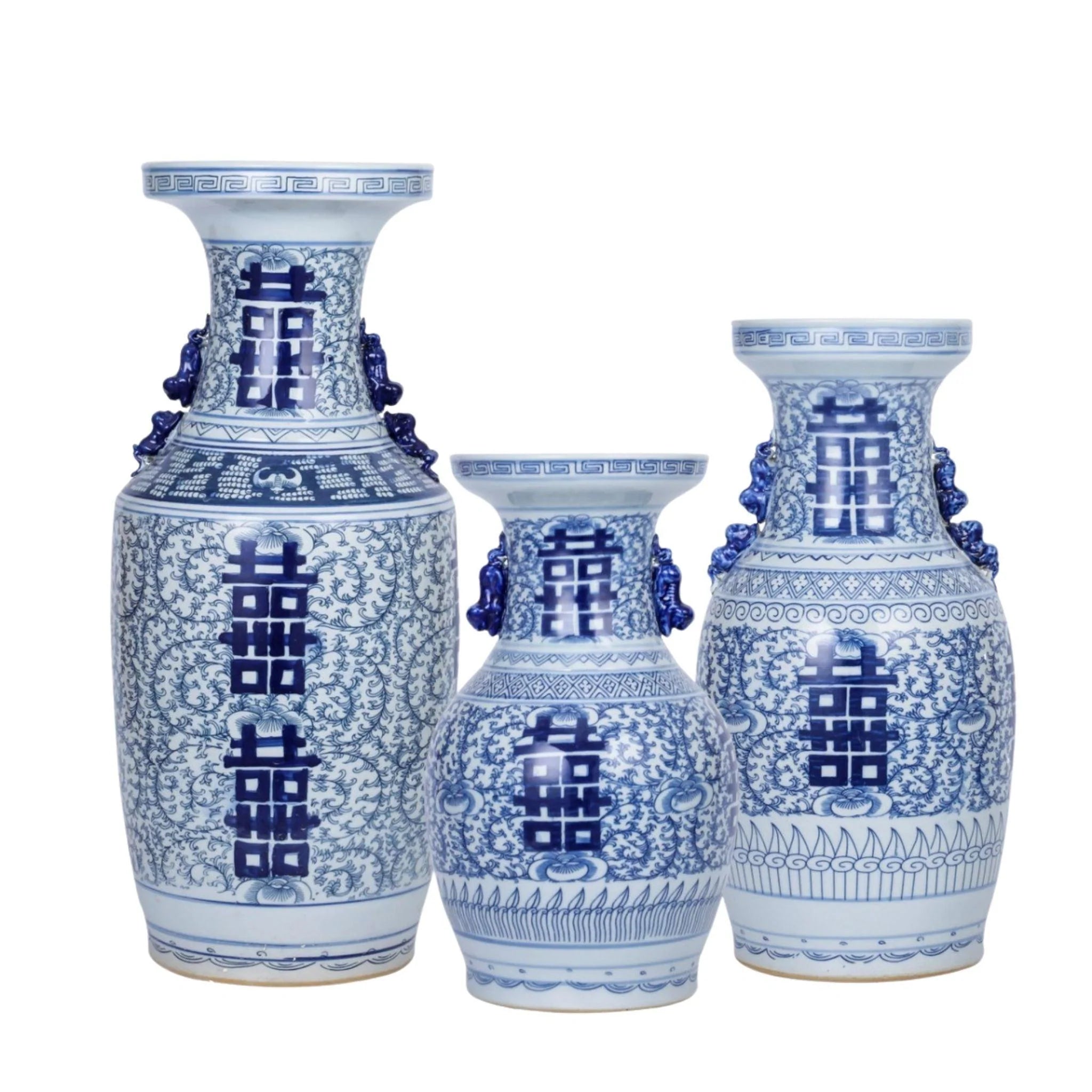Blue and White Porcelain Double Happiness Flower Vase with Animal Handles - Chinese Wedding Decor, Home Decoration, Gift for Couples - Perfect for Wedding Centerpieces, Living Room Decor, and Anniversary Gifts