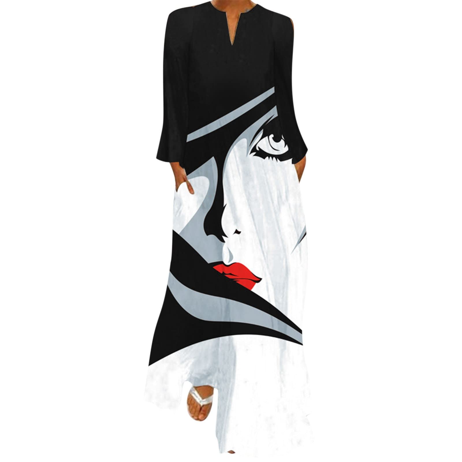 Sexy Women's V-Neck Long Sleeve Printed Pocket Maxi Dress - Elegant Flowy Party, Date Night & Special Occasion Outfit