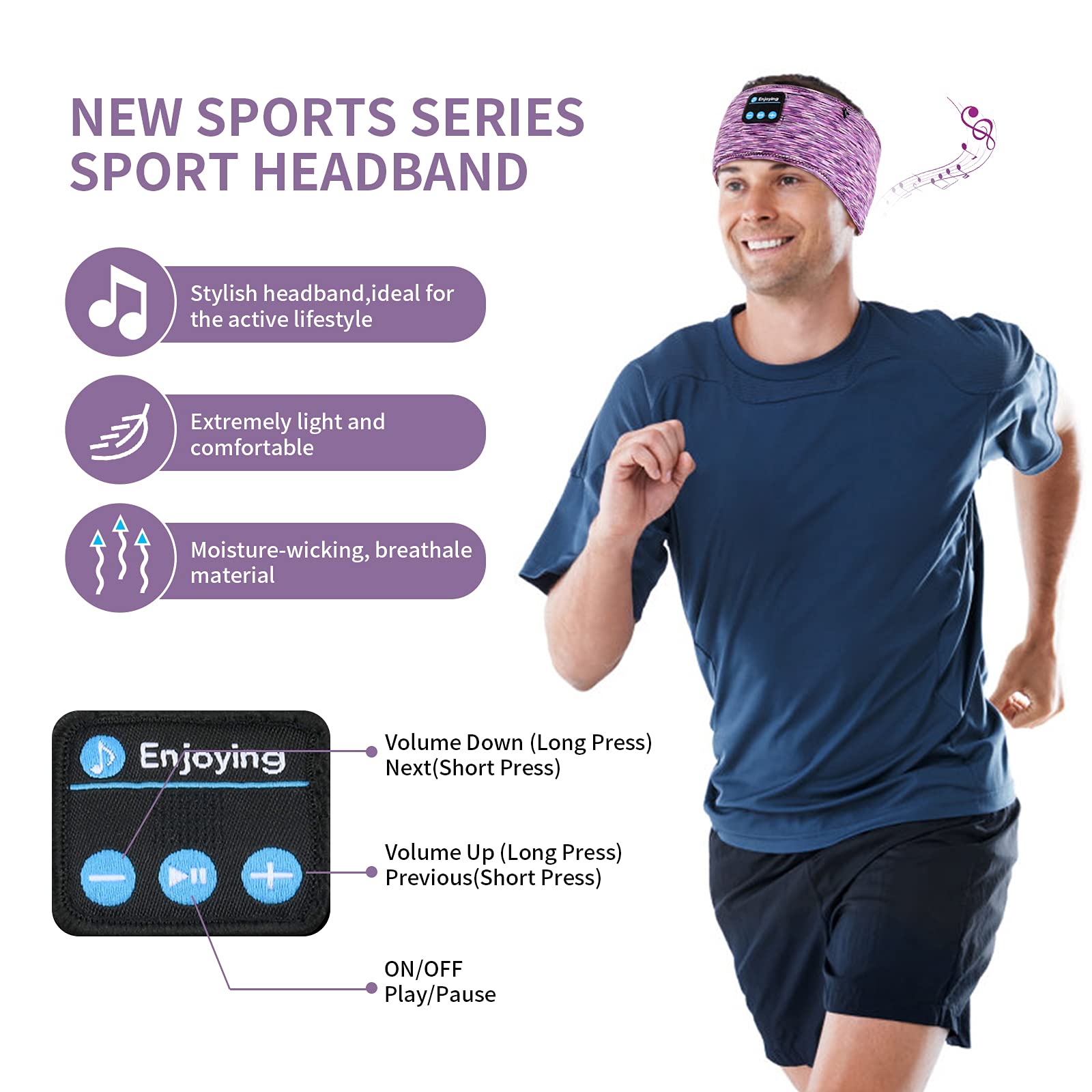 Wireless Sleep Headphones Headband with Zip Pocket - Ultra-Thin HD Stereo Speakers for Side Sleepers, Meditation, Yoga & Sports | Comfortable Bluetooth Music Headband for Night Use, Gym Workouts & Relaxation (Purple)