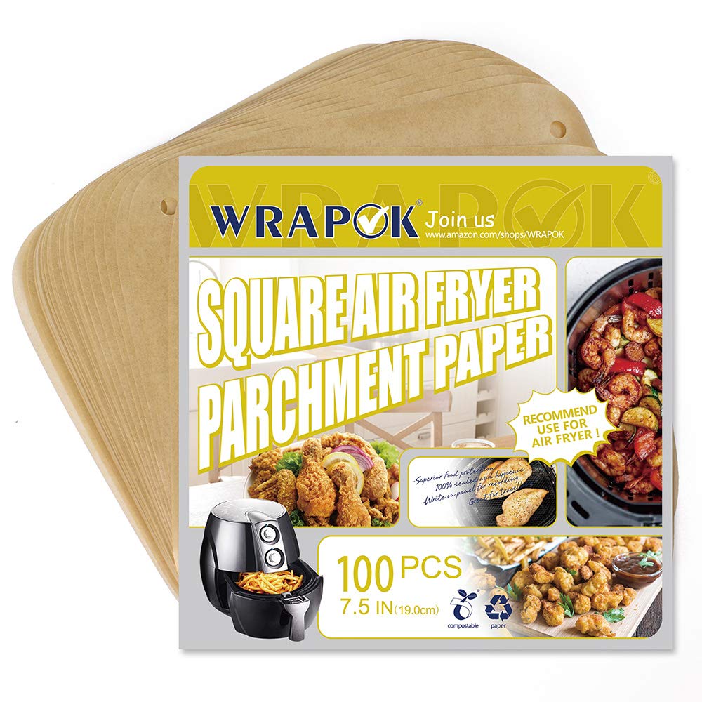 WRAPOK 100-Pack 7.5 Inch Air Fryer Parchment Paper Liners - Non-Stick, Unbleached, Perforated Baking Sheets for Healthy Cooking | Perfect for Chicken, French Fries, Cookies & More | Fits Most Air Fryer Models | Reusable & Eco-Friendly