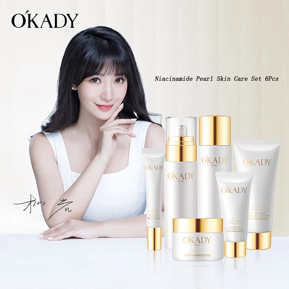 Niacinamide Pearl Face Care Set 6Pcs - Cleanser, Toner, Lotion & Cream for Whitening, Anti-Wrinkle & Pore Minimizing | Hydrating & Firming Skincare Routine for Radiant, Youthful Skin | Perfect for Daily Use & Nighttime Skincare Regimen