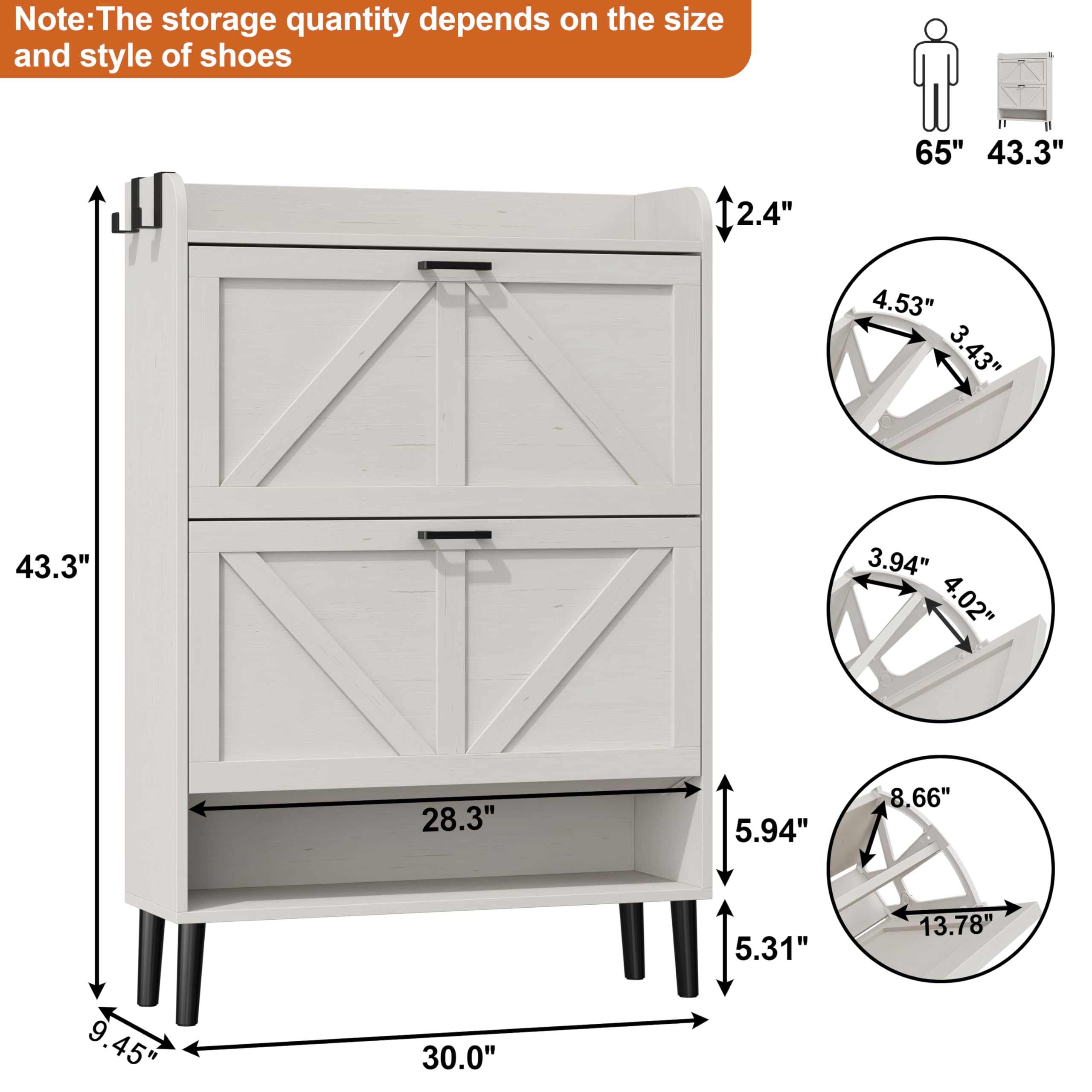 HOMEFORT Slim Shoe Storage Cabinet with 2 Flip Drawers - Narrow Entryway Shoe Organizer with Wood Legs, Farmhouse Hidden Shoe Rack for Front Door Entrance - Antique White - Perfect for Small Spaces & Clutter-Free Entryways