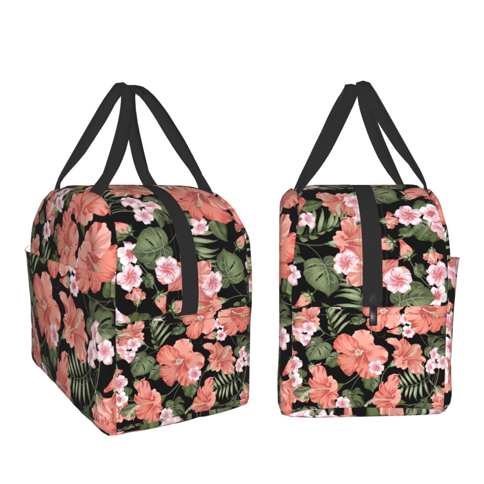 Insulated Lunch Bag with Fancy Flower & Tropical Leaves Design - Reusable Meal Container for Men & Women - Perfect for Work, Travel, Picnic & Outdoor Activities