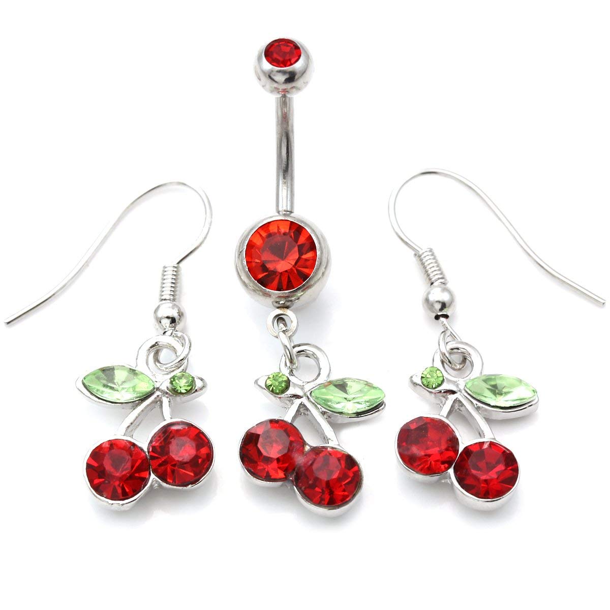 Cherry Belly Button Ring & Dangle Drop Earrings Set - Cute Fruit Charm Fashion Jewelry for Women | Perfect for Summer Outfits, Beach Parties & Casual Wear