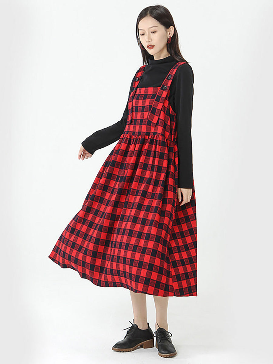 Plus Size Cotton Women's Top and Plaid Pinafore Dress Set - Comfortable & Stylish Outfit for Casual Wear, Work, and Special Occasions