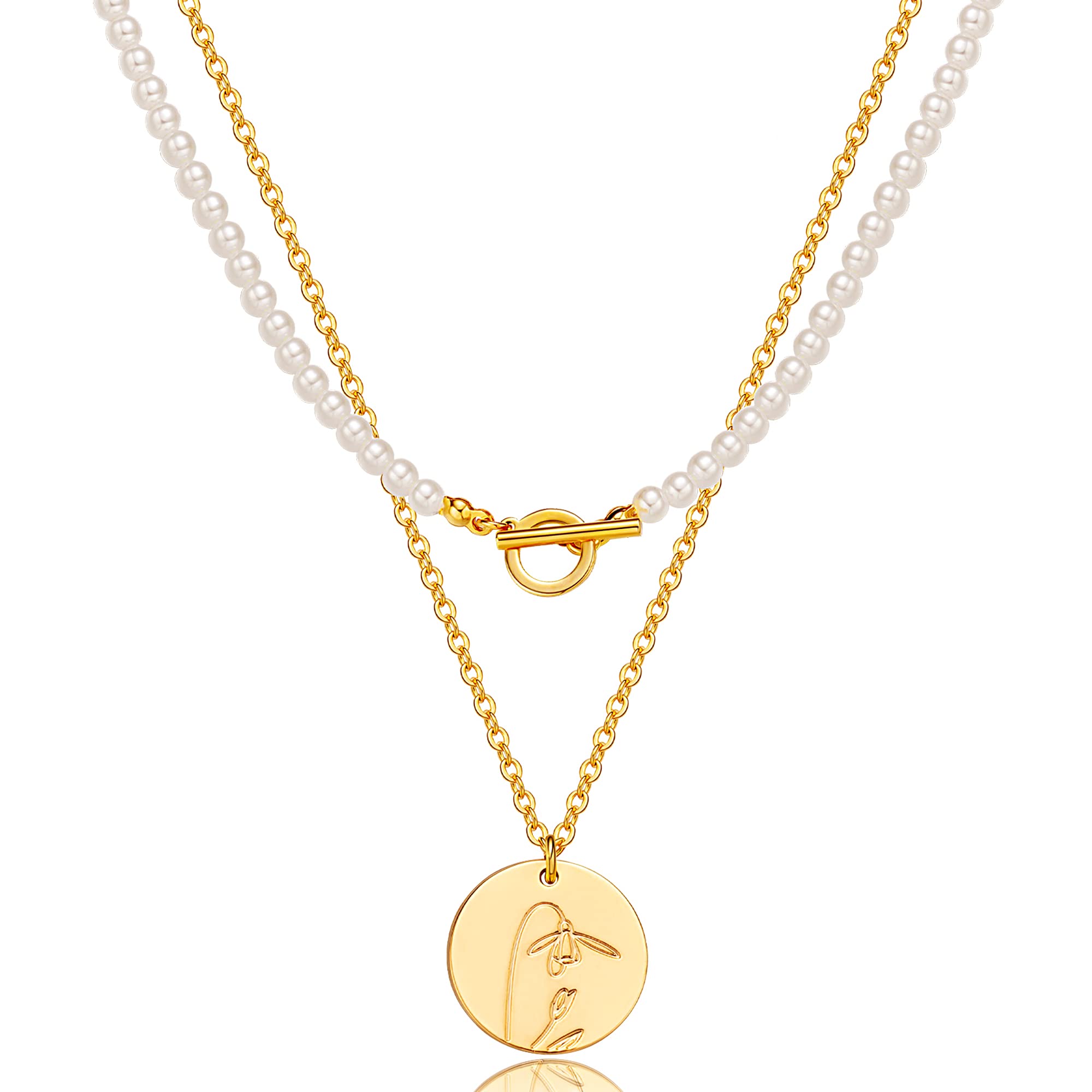 MOODEAR Birth Flower Layered Necklace for Women - 18K Gold Choker & Pearl Necklace Set with Gold Coin Charm Pendant | Elegant Layering Jewelry for Teen Girls & Women | Perfect for Birthdays, Anniversaries & Everyday Wear