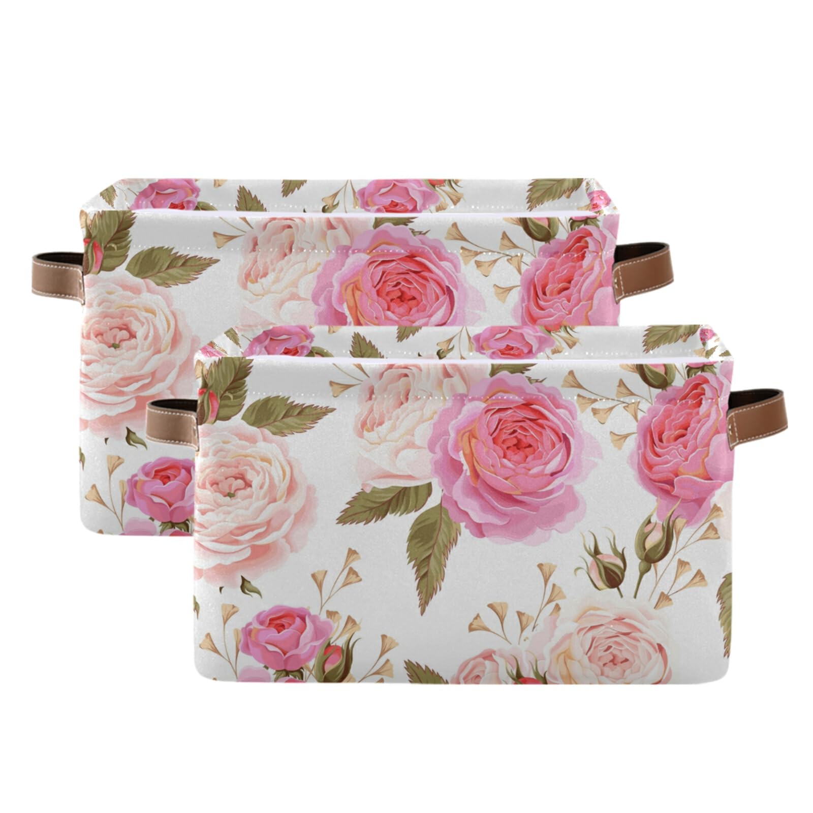 Susiyo Large Foldable Storage Bin - Floral Pink Roses Fabric Collapsible Basket with PU Handles | Organizer for Shelves, Closet, Bedroom & Living Room | Perfect for Home Organization & Decorative Storage (1-Pack)