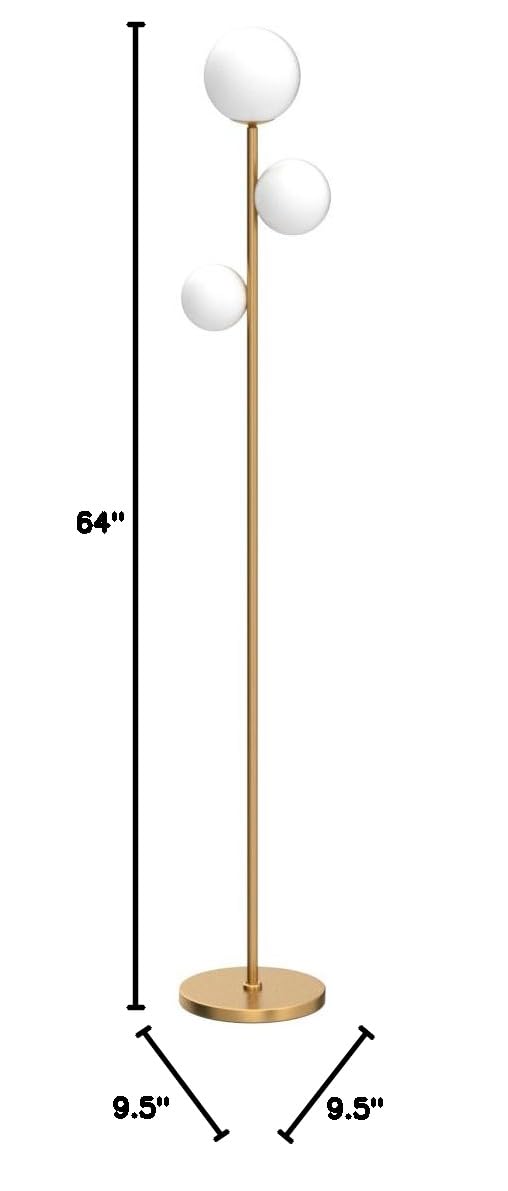 Fiqevs 3 Globe Mid Century Modern Floor Lamp - Vintage Gold Standing Tall Lamp with Frosted Glass Shade & Included Bulbs, Antique Brass Finish | Perfect for Living Room, Bedroom, Office & Reading Nook Lighting