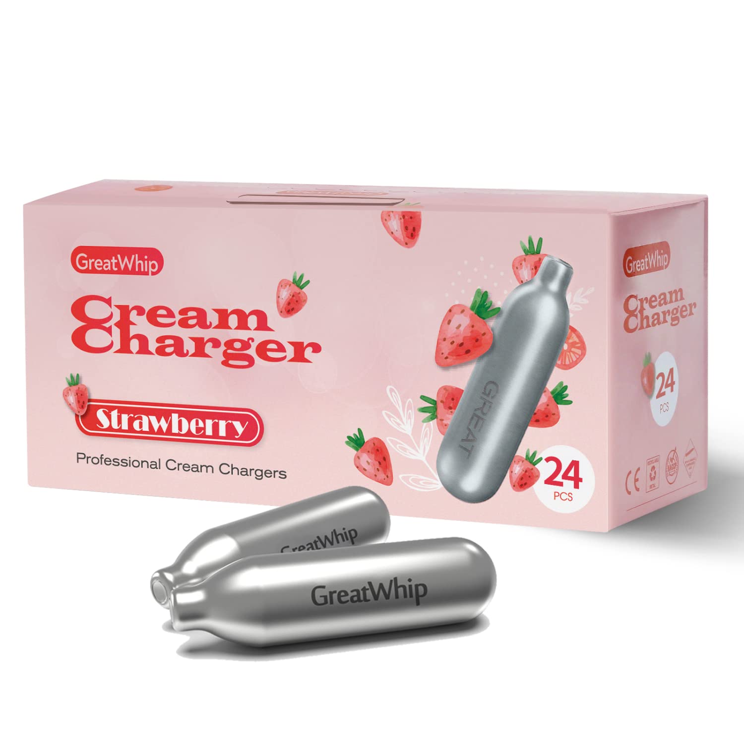 GreatWhip 24 Count Strawberry Flavor Whipped Cream Chargers (8.2g Nitrous Oxide) - Perfect for Desserts, Coffee Toppings & Baking Supplies