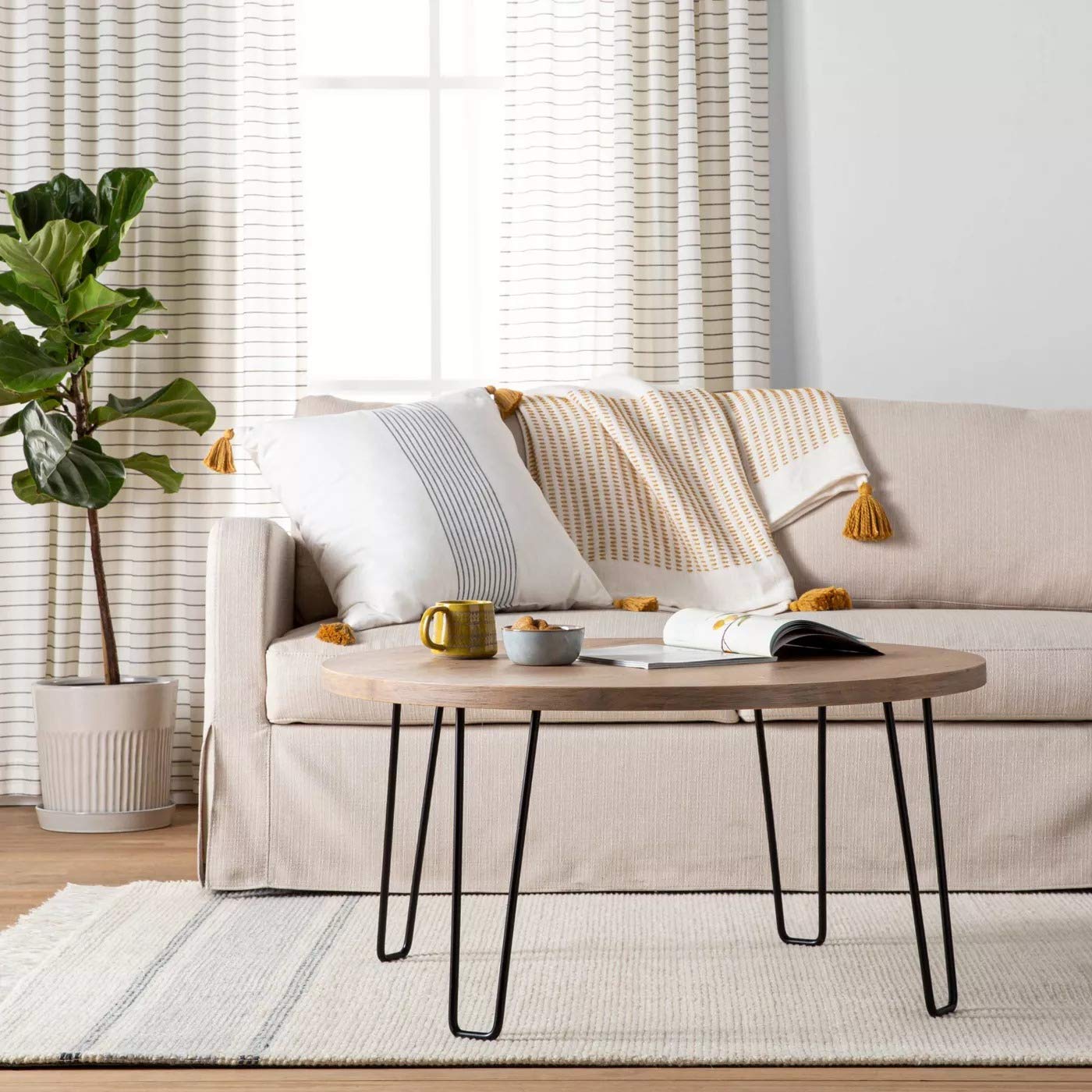 Shivpiin 36 Inch Round Wood and Wire Coffee Table - Modern Industrial Living Room Furniture for Small Spaces, Home Decor Centerpiece