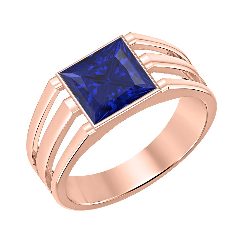 14K Rose Gold Plated Princess Cut Blue Sapphire Men's Wedding Band - Solitaire Engagement Ring for Him - Perfect for Proposals, Anniversaries & Special Occasions