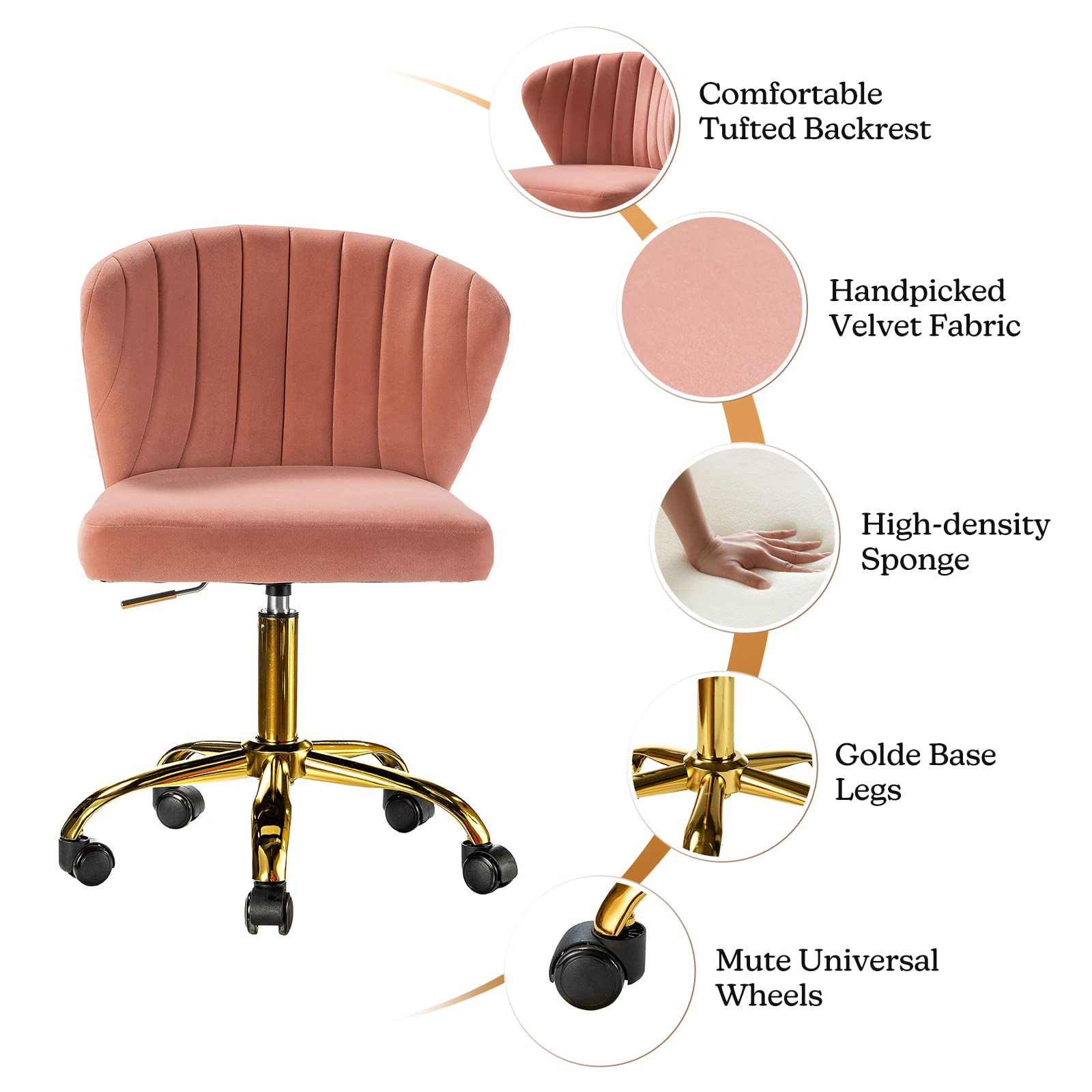 TINA'S HOME Modern Velvet Office Chair with Wheels & Gold Base - Adjustable Low Back Swivel Rolling Task Chair for Home Office, Study, Living Room, Vanity - Pink Velvet Armless Desk Chair for Women & Girls