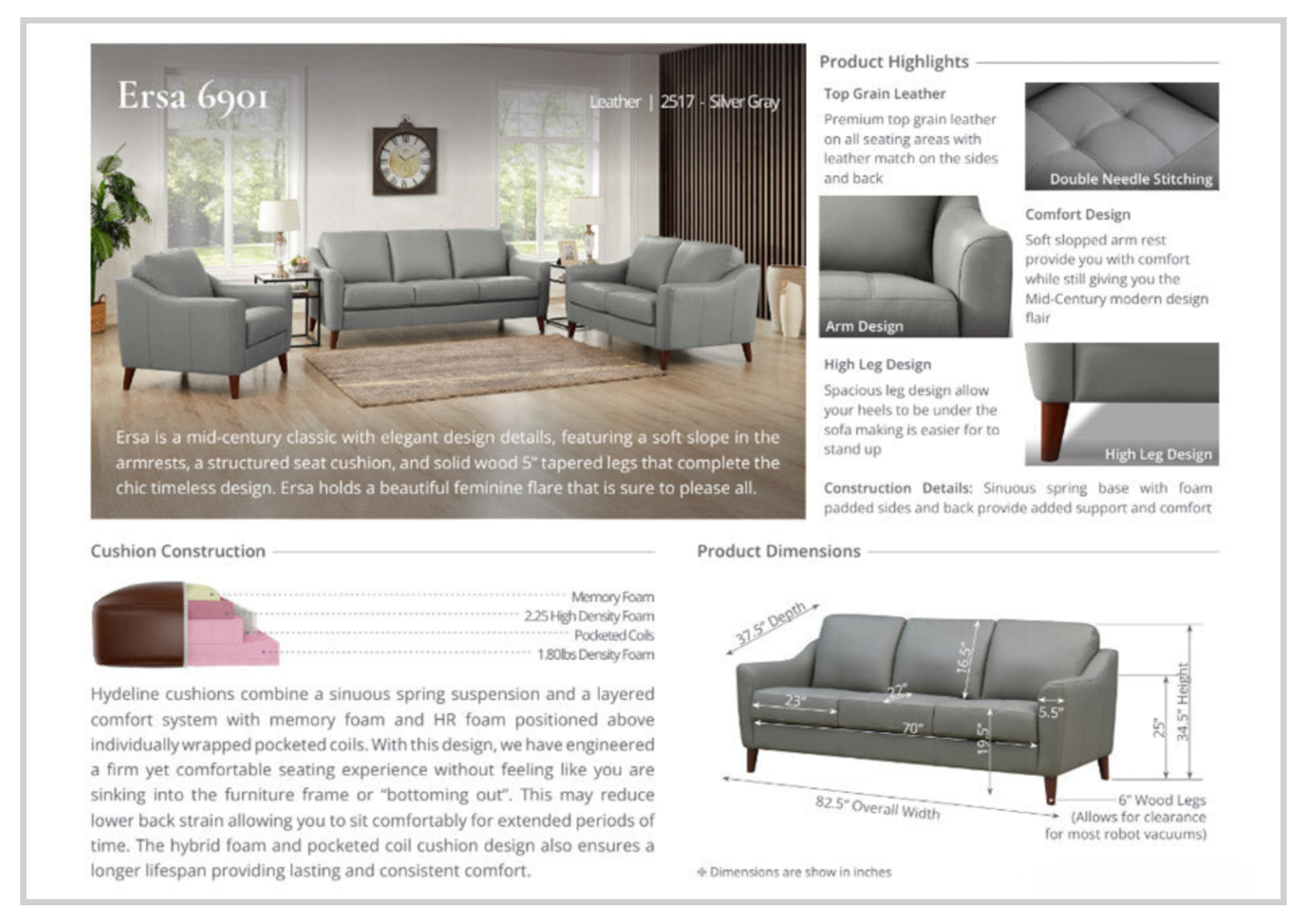 Hydeline Ersa Premium Leather Loveseat Sofa with Soft Slope Arms - Luxurious Small Couch for Living Room, Office or Apartment