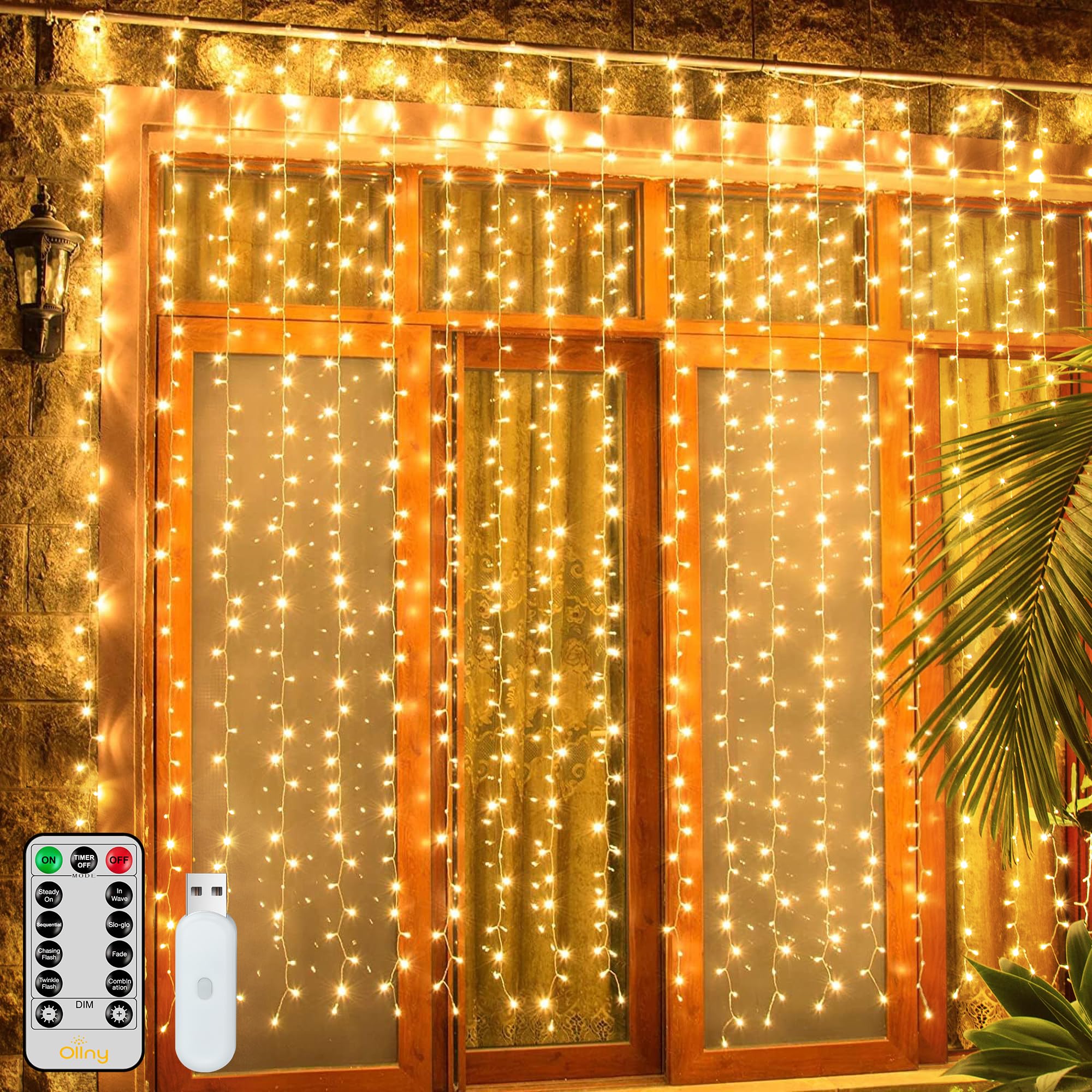 Ollny 200LED Curtain Lights 6.6x6.6ft - USB Powered Warm White Fairy String Lights with Remote, 8 Modes & Dimmable Timer - Waterproof Indoor/Outdoor Decorative Lighting for Bedroom, Wall, Window, Backdrop, Wedding, Party, Garden