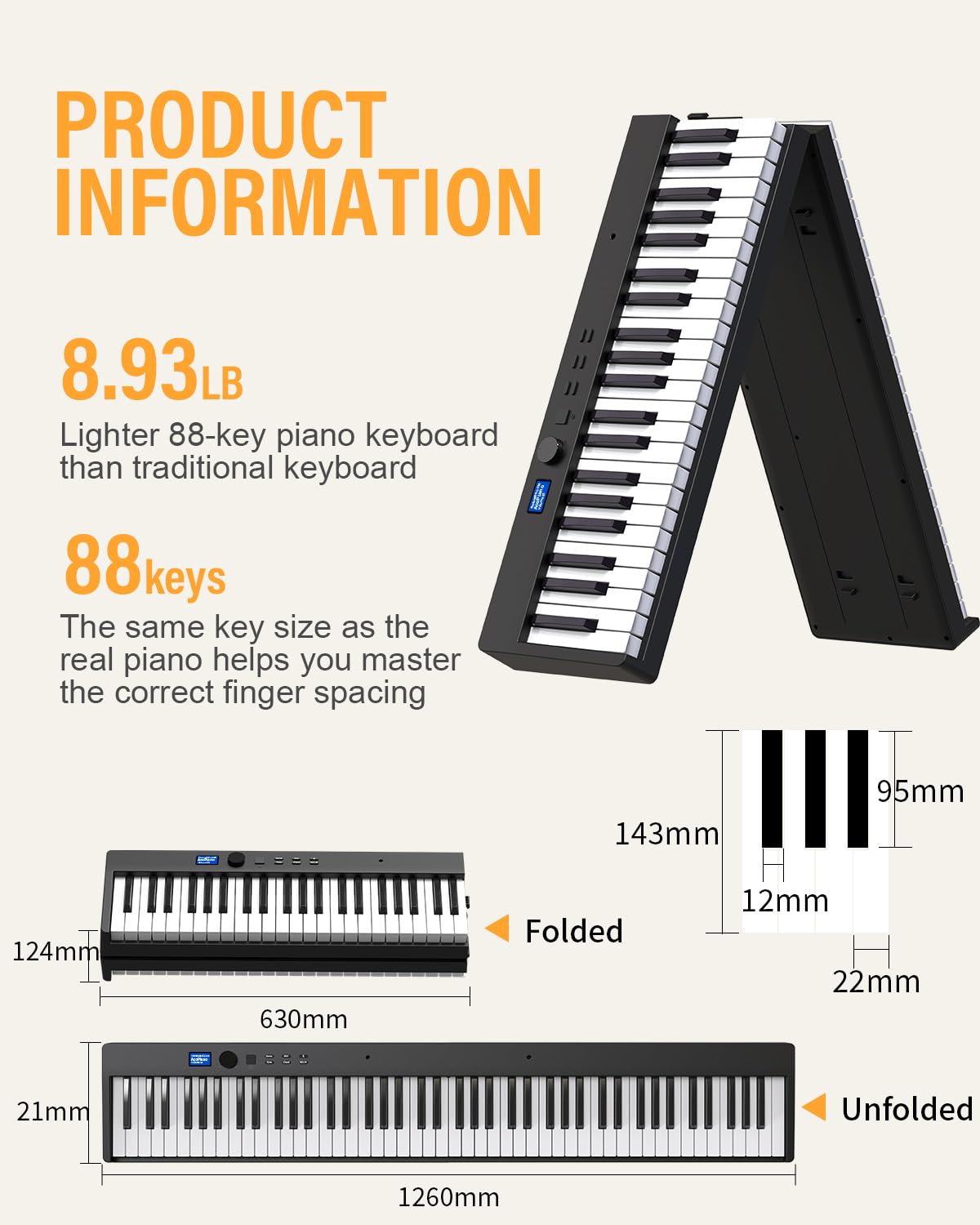 KONIX 88-Key Foldable Piano Keyboard - Portable Bluetooth Electronic Piano for Travel & Home Practice