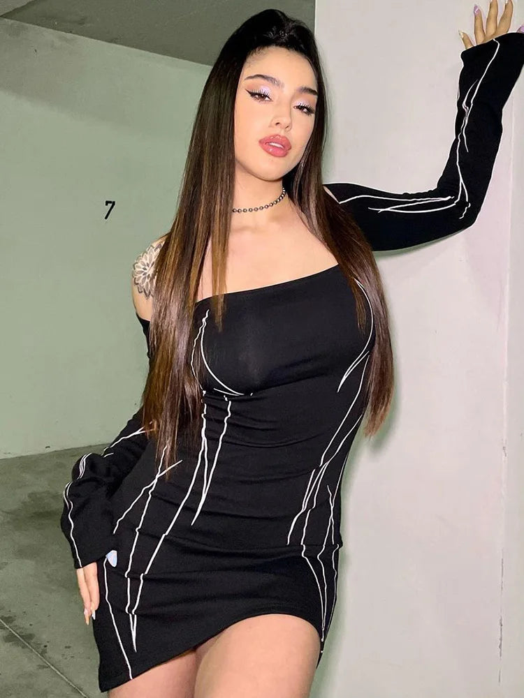Asymmetrical Off Shoulder Bodycon Dress for Women - Sexy Striped Printed Club Party & Evening Dress - Perfect for Night Out, Date Night, and Gothic Fashion Events