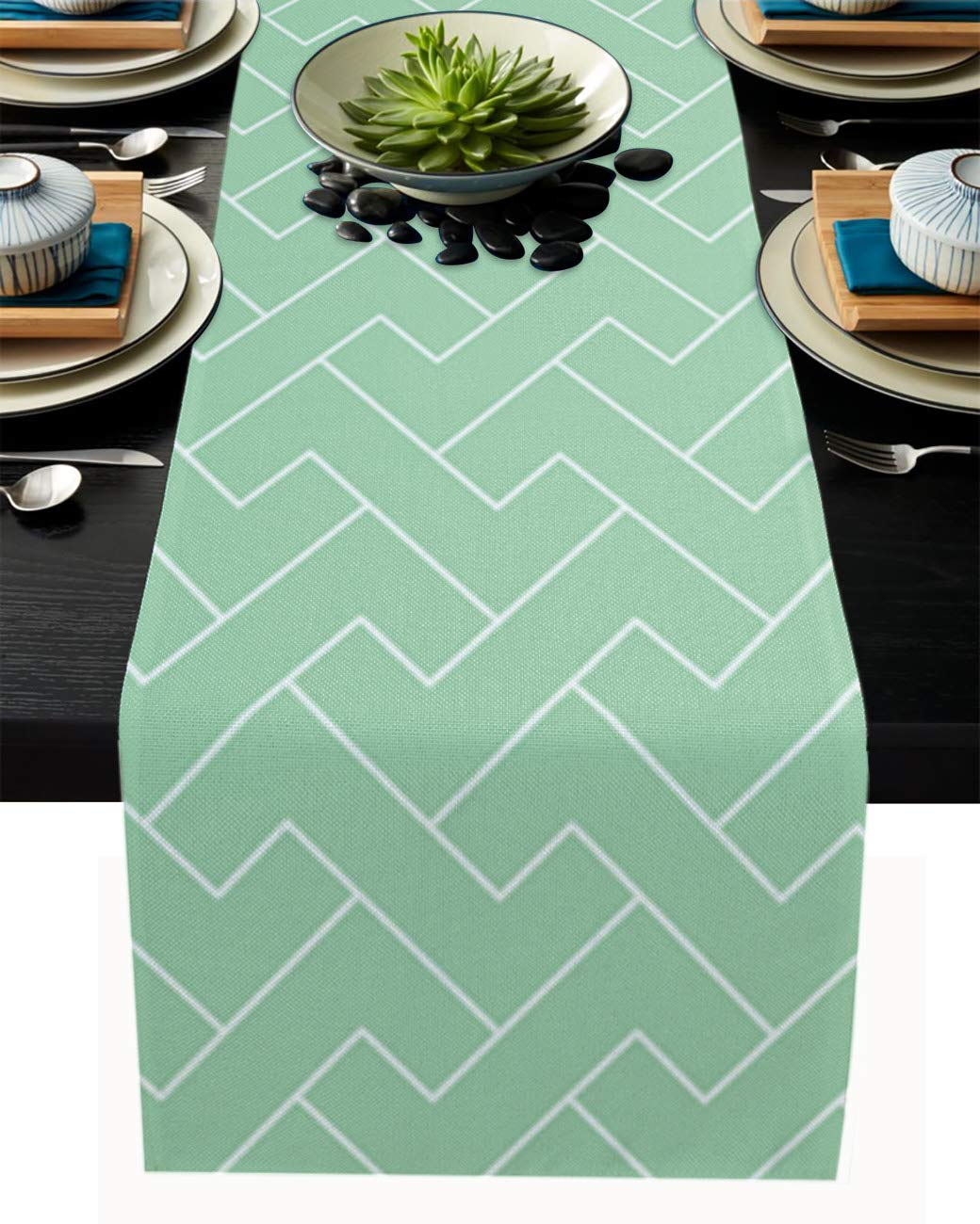72-inch Mint Green Cotton Linen Table Runner - Farmhouse Burlap Tablecloth for Dining Room, Holiday Party & Wedding Decor - Geometric Design Machine Washable - Perfect for Rustic Events, Home Decor & Seasonal Celebrations