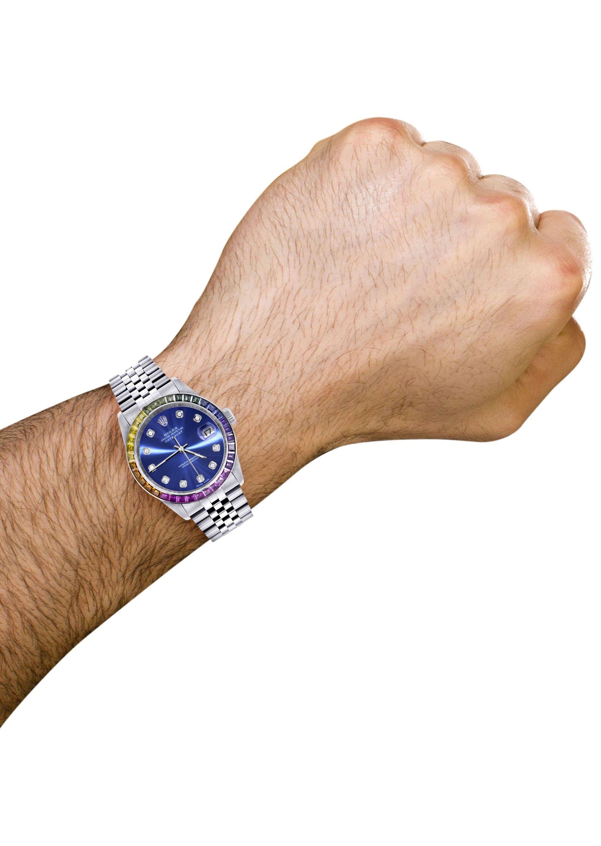 Luxury Men's Rolex Datejust 16200 Watch - 36mm Rainbow Sapphire Bezel, Blue Dial & Jubilee Bracelet | Premium Diamond & Gold Accents | Perfect for Gifts, Weddings & Special Occasions