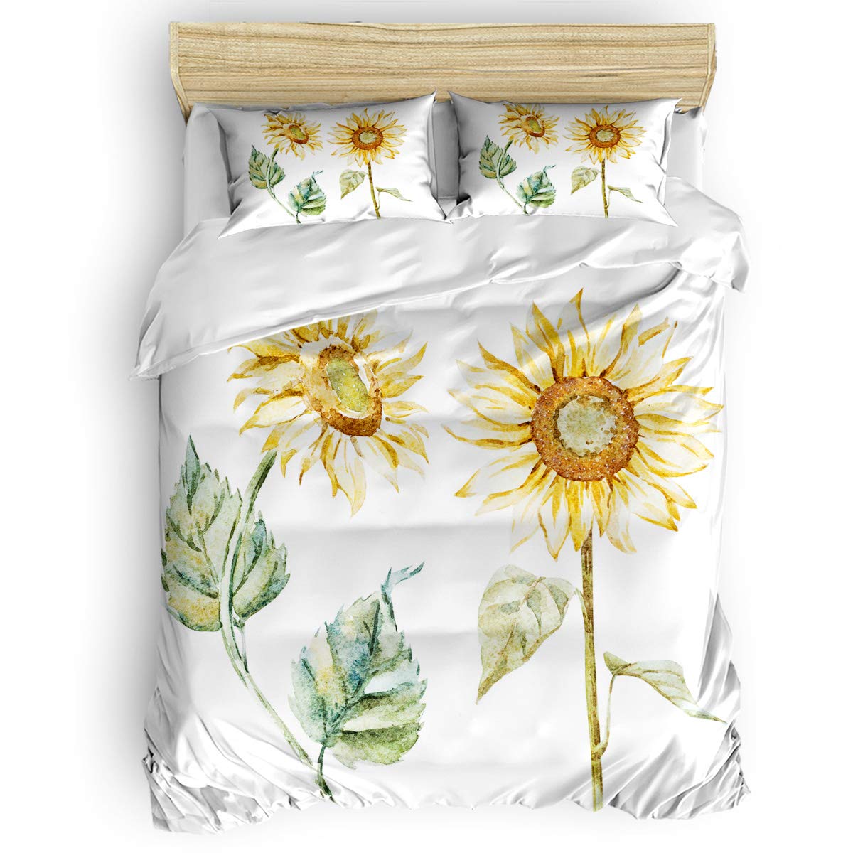 Luxury 4-Piece Queen Size Bedding Set - Soft Duvet Cover, Flat Sheet & Pillowcases with Watercolor Sunflower Design for Kids, Teens & Adults - Perfect for Cozy Bedrooms, Guest Rooms & Dorm Decor