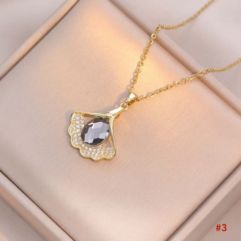 Elegant Titanium Minimalist Cat's Eye Stone Ginkgo Leaf Pendant Necklace for Women | A8241 | Perfect for Daily Wear, Office, Parties & Special Occasions