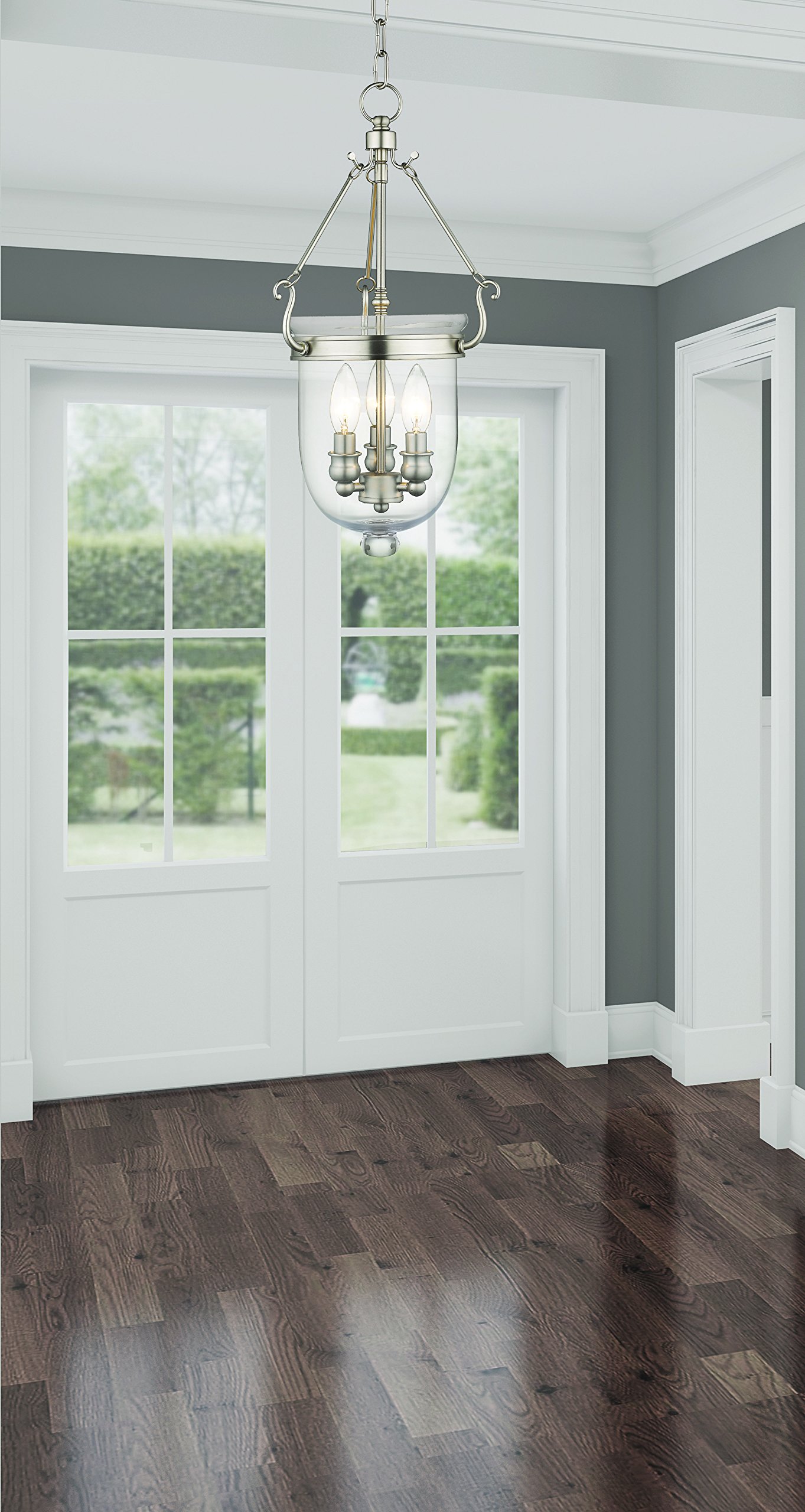 Livex Lighting Jefferson 3-Light Brushed Nickel Bell Jar Hanging Lantern with Clear Glass - Perfect for Entryway, Dining Room, or Patio Lighting