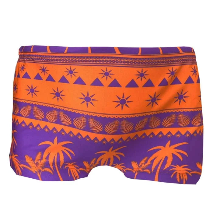 Vibrant Orange & Purple Coconut Tree Print Boys Swim Briefs - Quick Dry Comfort for Beach & Pool Fun