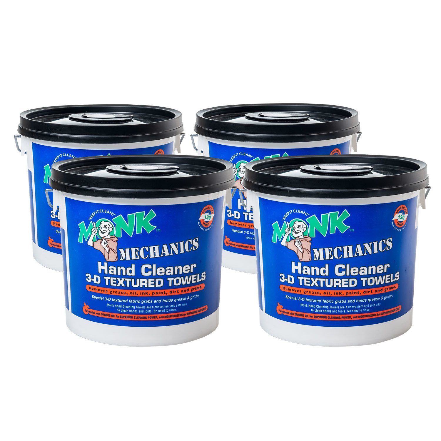 Monk Wipes Heavy Duty Mechanic Wipes - 4 Pack (130 Count Each) for Paint, Oil, Grease & Grime Removal | Multi-Purpose Shop & Hand Cleaning Wipes | Ideal for Auto Repair, Industrial & Workshop Use