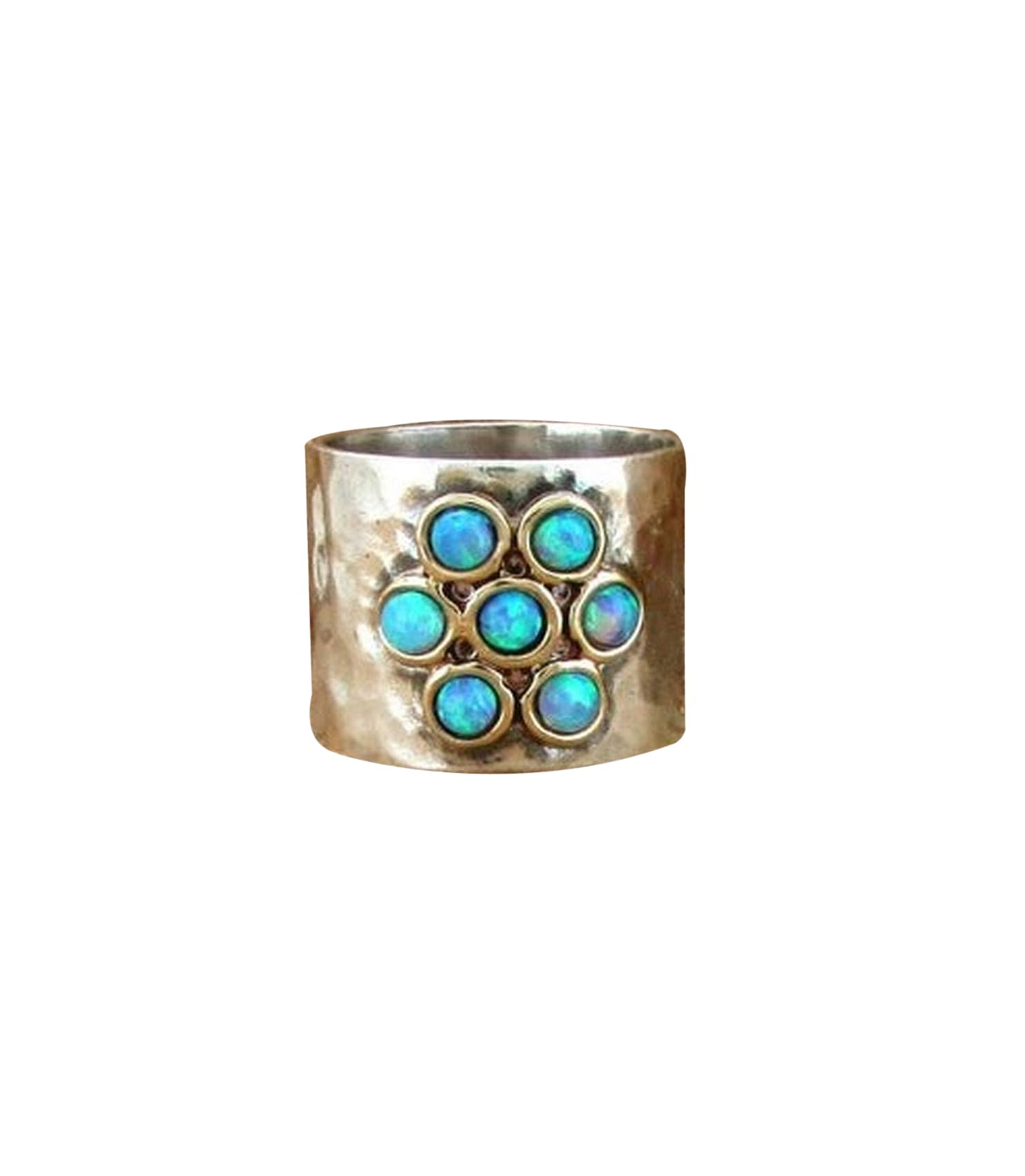 Blue Opal Flower Ring – 9K Gold & Silver Gemstone Wedding Band – Unique Chunky Women's Jewelry for Engagement, Anniversary & Special Occasions