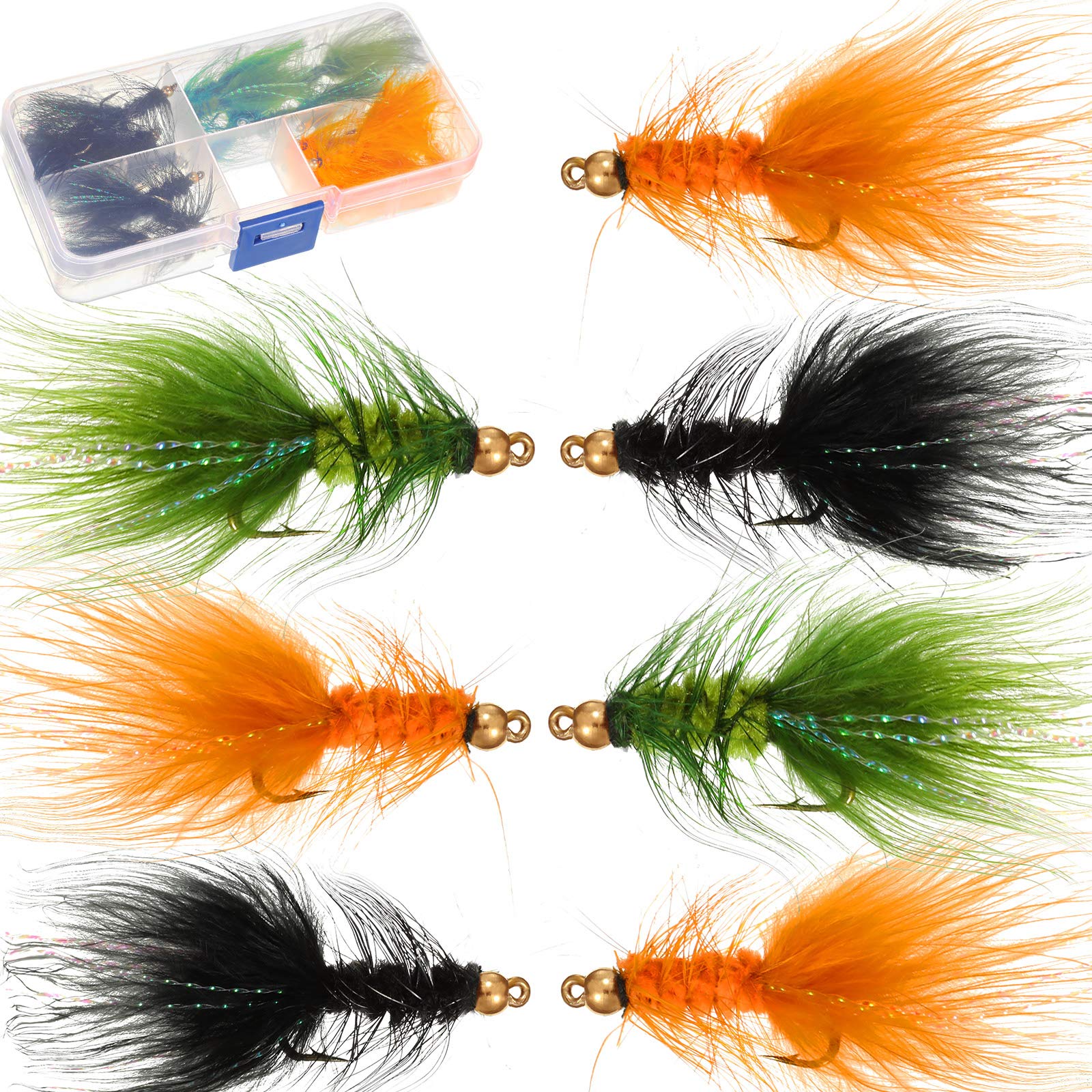 24-Piece Woolly Bugger Streamer Fly Fishing Flies Assortment - Nymph Trout Flies with Fly Box (Green, Black, Orange) - Perfect for Freshwater Trout Fishing & Fly Fishing Enthusiasts