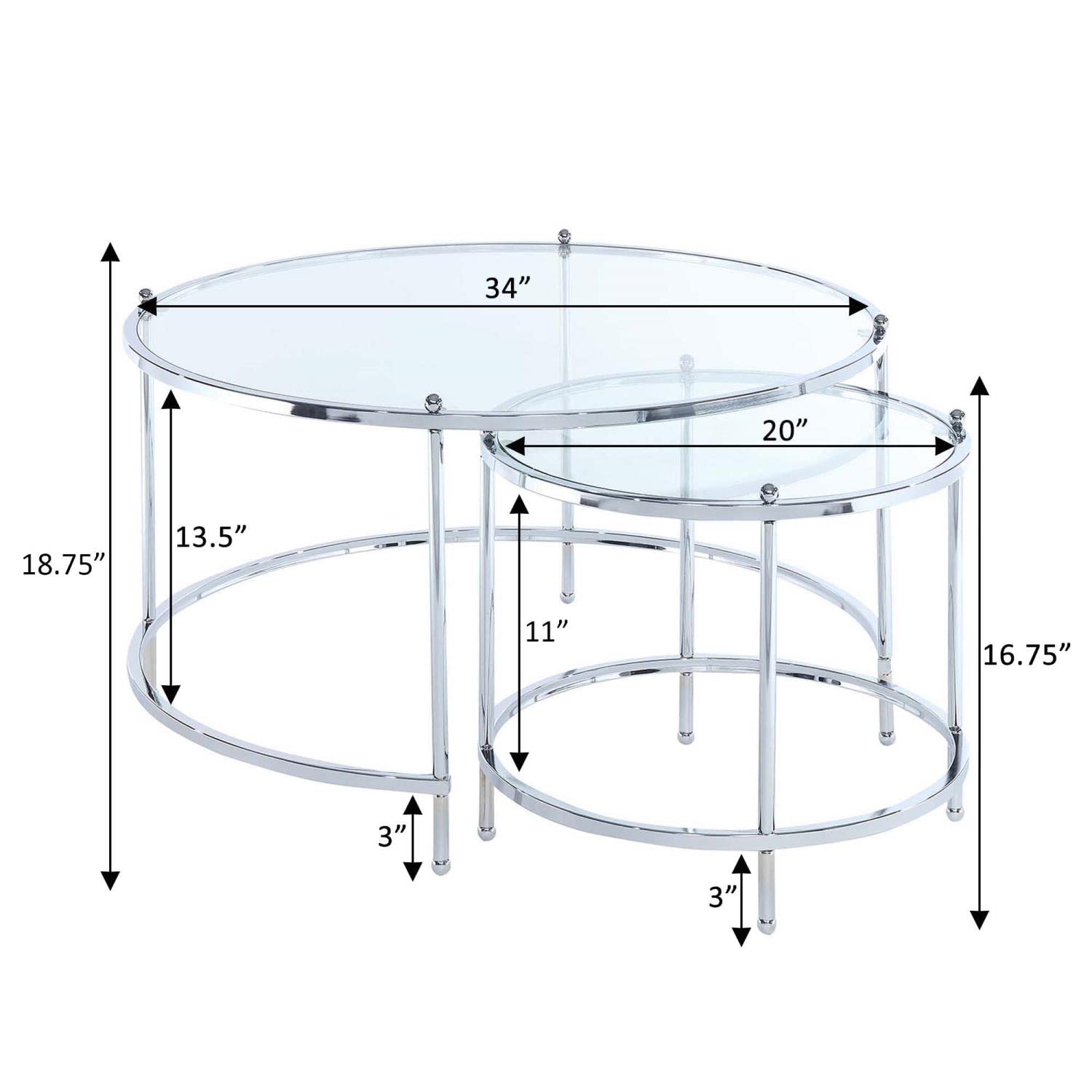 Royal Crest Nesting Coffee Table - Clear Glass & Chrome Frame for Living Room