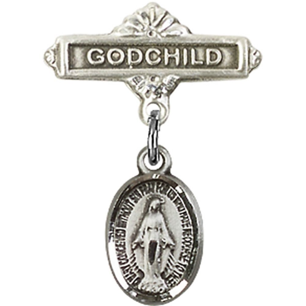 925 Sterling Silver Baby Badge with Miraculous Charm & Godchild Pin - 7/8