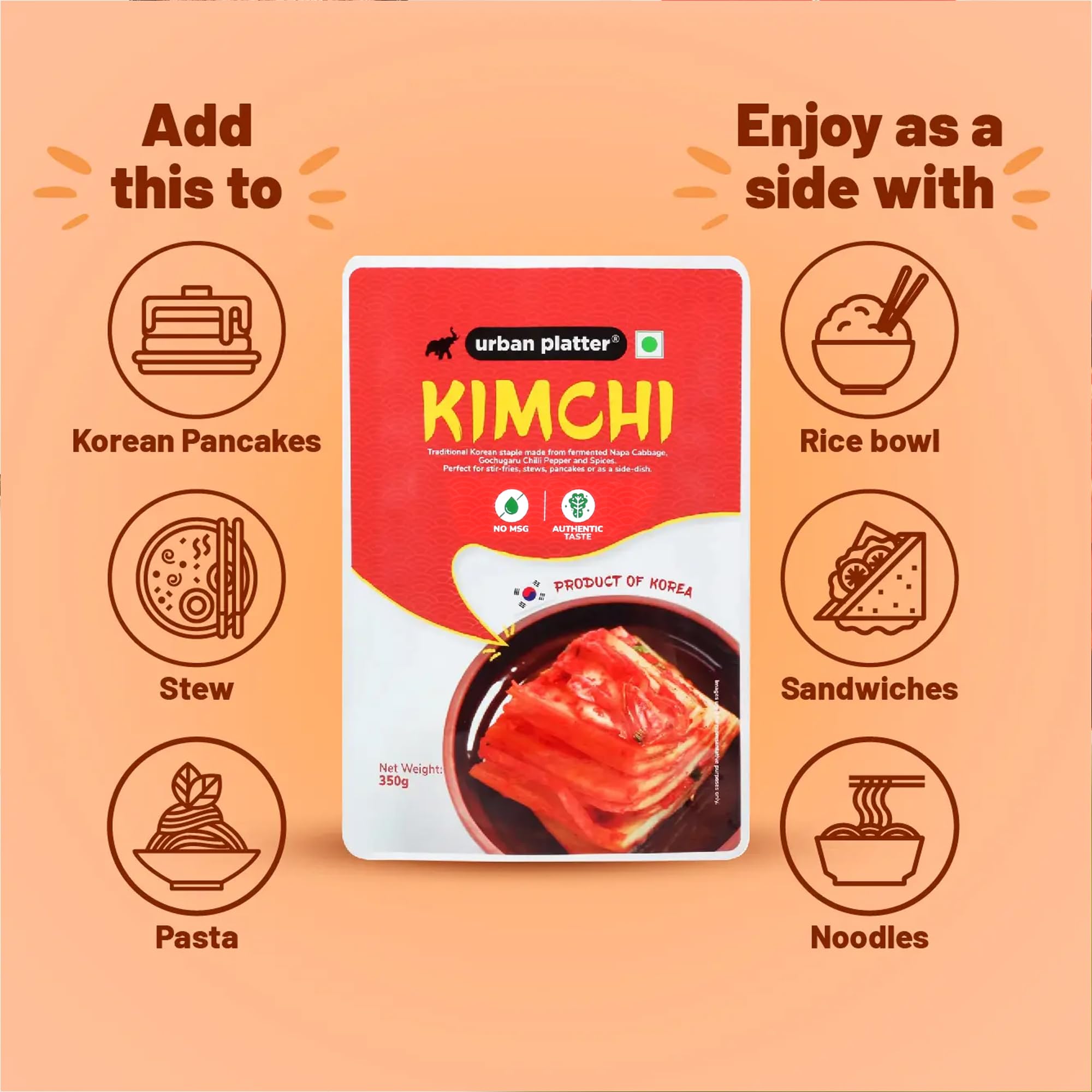 Urban Platter Korean Kimchi 350g - Authentic Traditional Vegan Kimchi from Korea | Shelf-Stable, Preservative-Free | Perfect for Bibimbap, KBBQ & Korean Cooking
