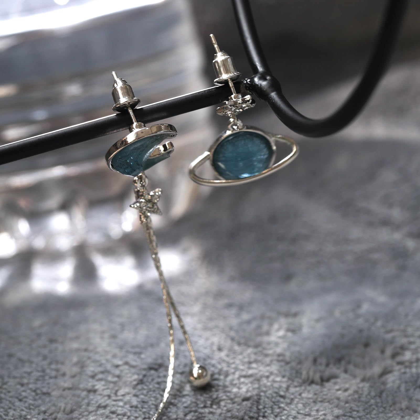 Blue Moon & Saturn Dangle Earrings - Asymmetric Space-Themed Moonstone & Rhinestone Star Earrings in 925 Sterling Silver | Women's Jewelry Gift for Parties, Date Nights & Special Occasions