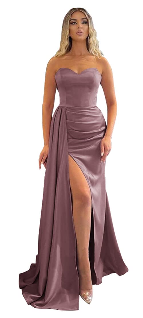 Elegant Mermaid Prom Dresses 2024 | Strapless Satin Formal Gown with High Slit & Train | Women's Evening Dresses for Bridesmaid, Homecoming & Special Occasions