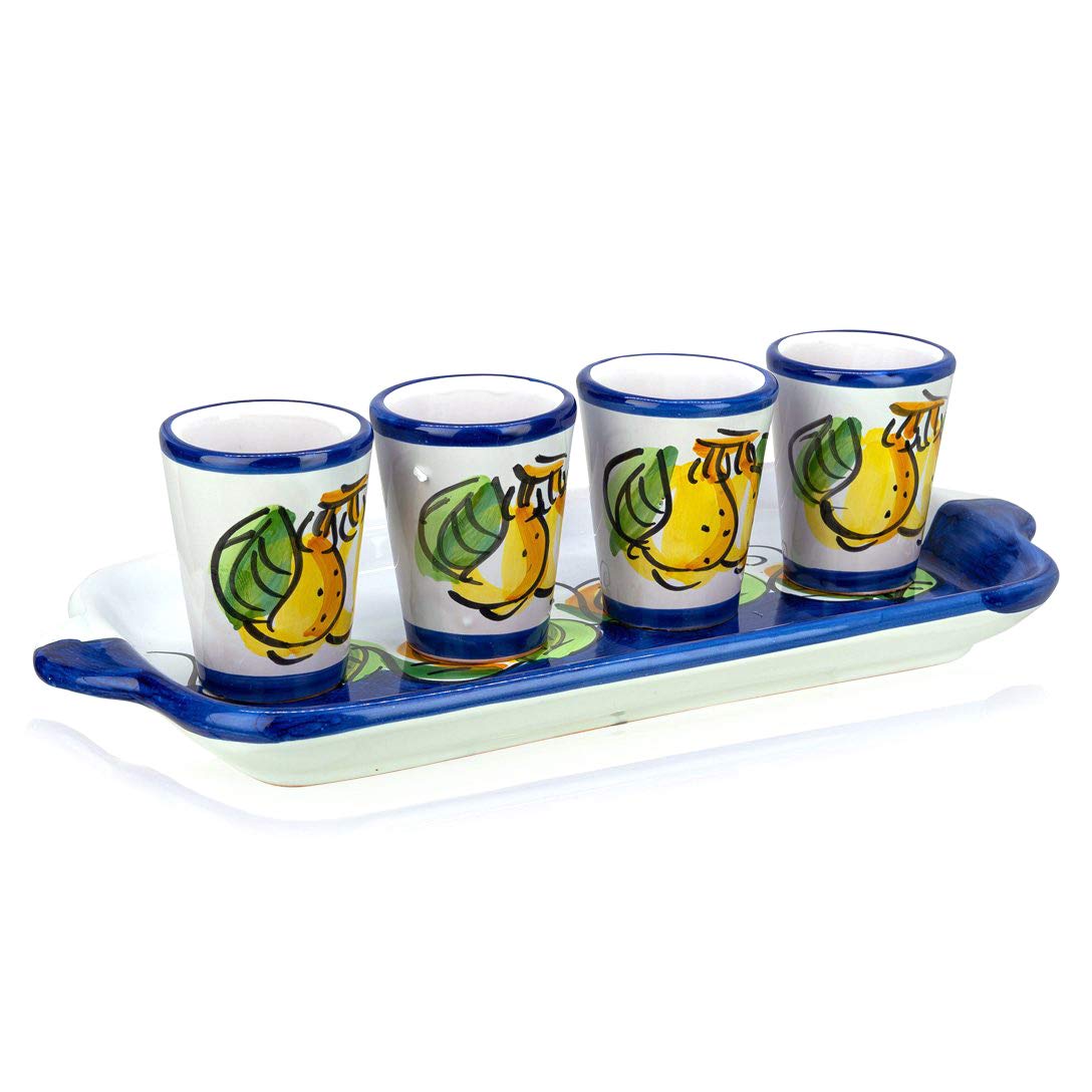 PDTXCLS HEIQI Dolceterra Limoncello Ceramic Glasses & Tray Set - Hand-Painted Italian Style 4-Piece Cocktail Glassware for Limoncello, Dessert Wines & Entertaining