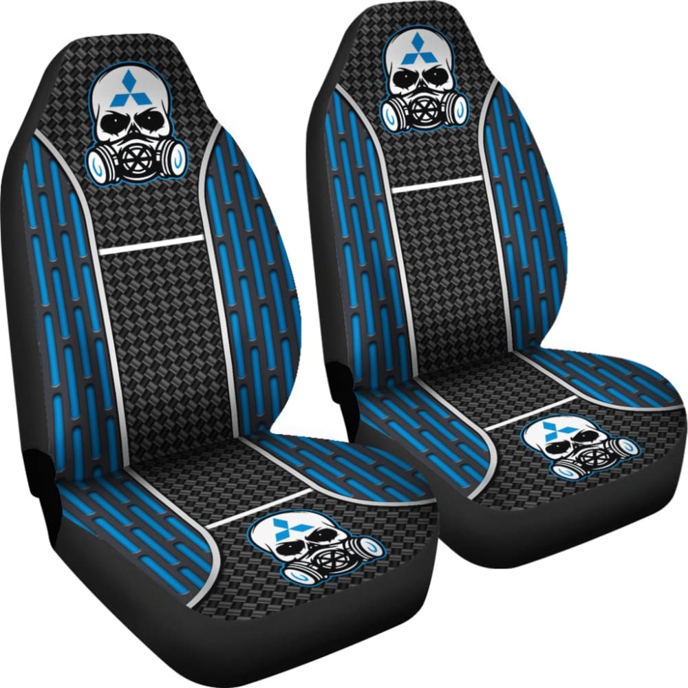 Black & Blue Skull Print Mitsubishi Car Seat Covers - Durable Custom Fit for Lancer, Outlander & Eclipse - Perfect for Car Enthusiasts & Gothic Style Lovers